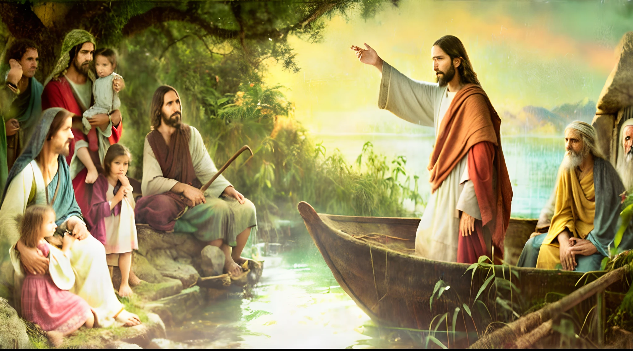 Modern Portrait of Jesus on boate speak to people, cinematic lighthing, profundidade de campo, Bokeh, Realismo, fotorrealista, hiper-realismo, fotografia profissional, UHD, DSLR, HDR