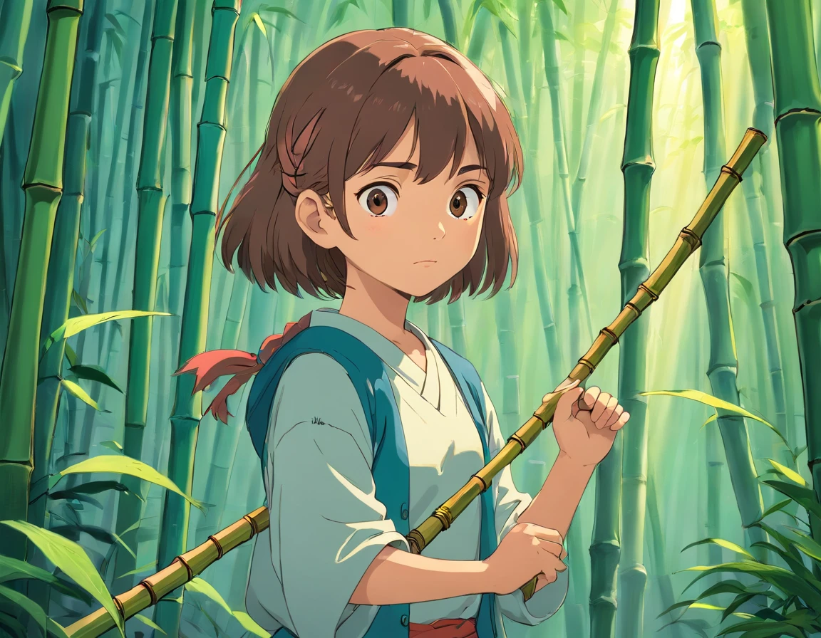 strong abandoned girl protagonist holding a bamboo rod