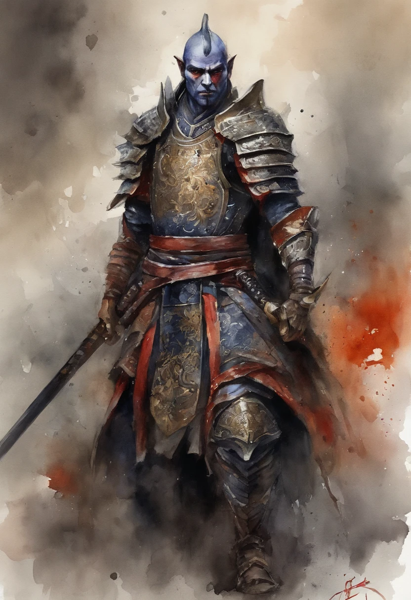 Dark Elf wearing Gothic armor and katanas, samurai, cabelos longos cinzas, magnifica, serious facial expression, Lotus flower drawn on kimono, magnifica, 8k, posicionamento central, dramatic scene.