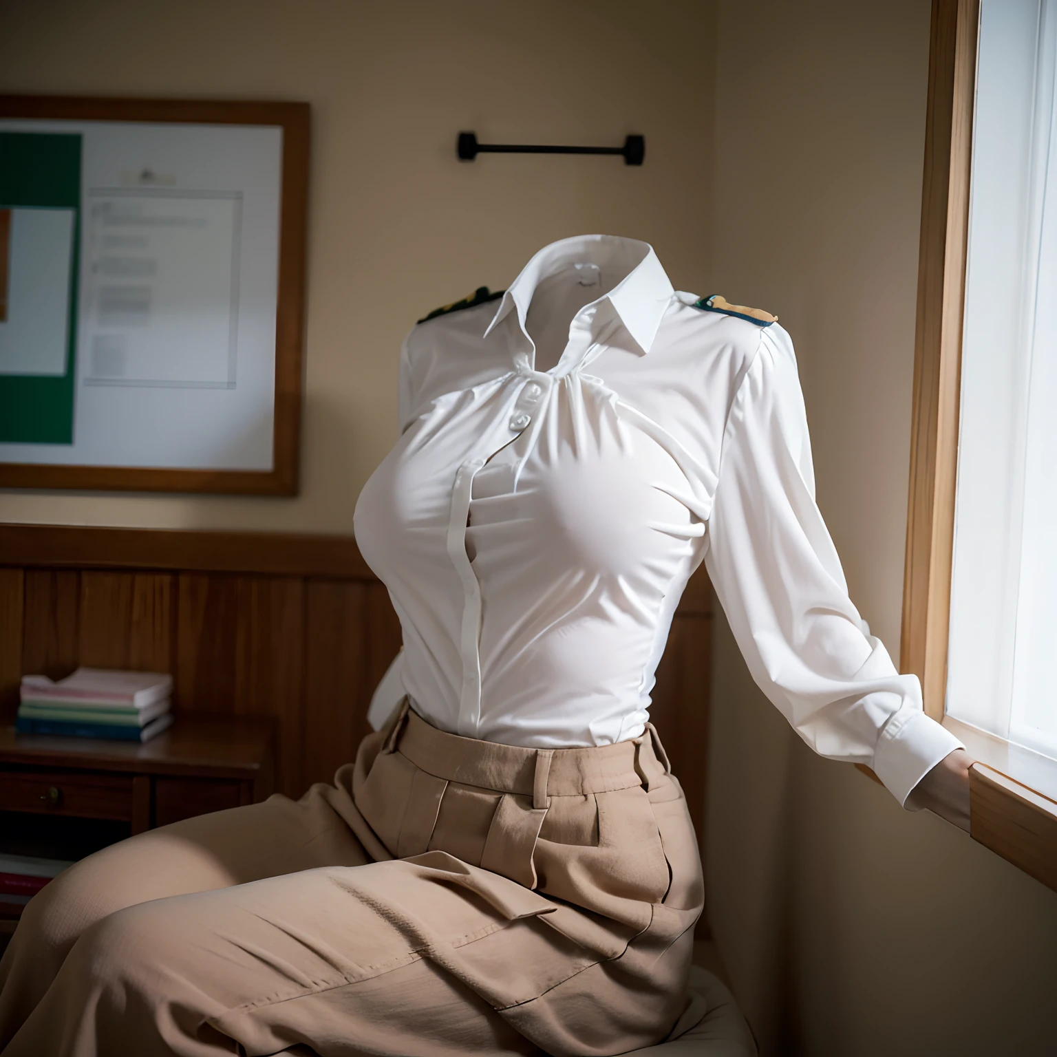 (girls' school blouse swells as if worn by invisible girl:1.7),((invisible, no humans:1.7, headless:1.7, handless, legless)), (big breasts:1.9),on bed, (arms up),
(8k, RAW photo, best quality, masterpiece:1.5), (realistic, photo-realistic:1.5),photon mapping, radiosity, ((Hasselblad photography)),physically-based rendering,