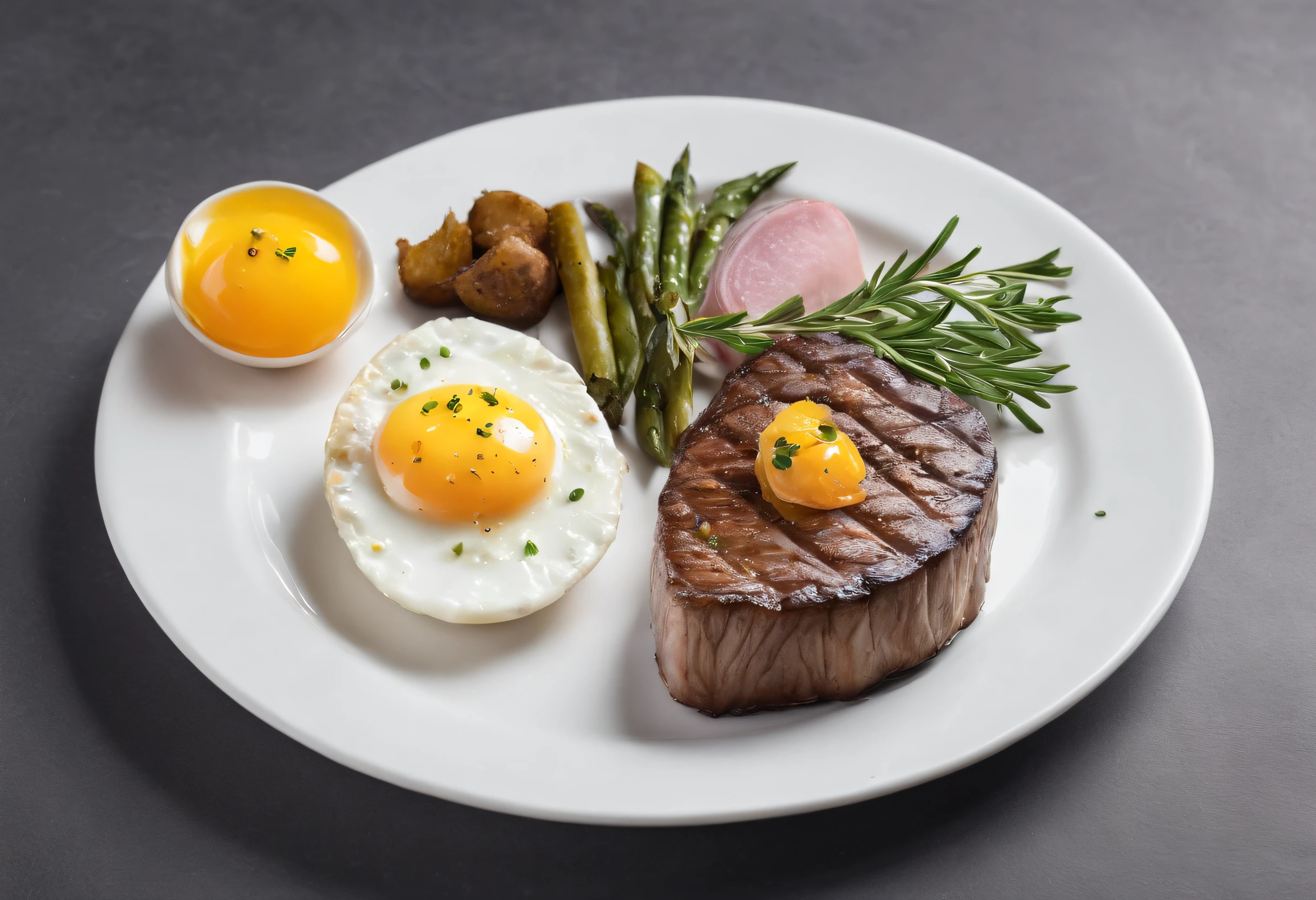 Wellington steak，Rosemary decoration，Egg yolk sauce，White plates，Silver knife and fork，Observation at a depression angle of 45 degrees