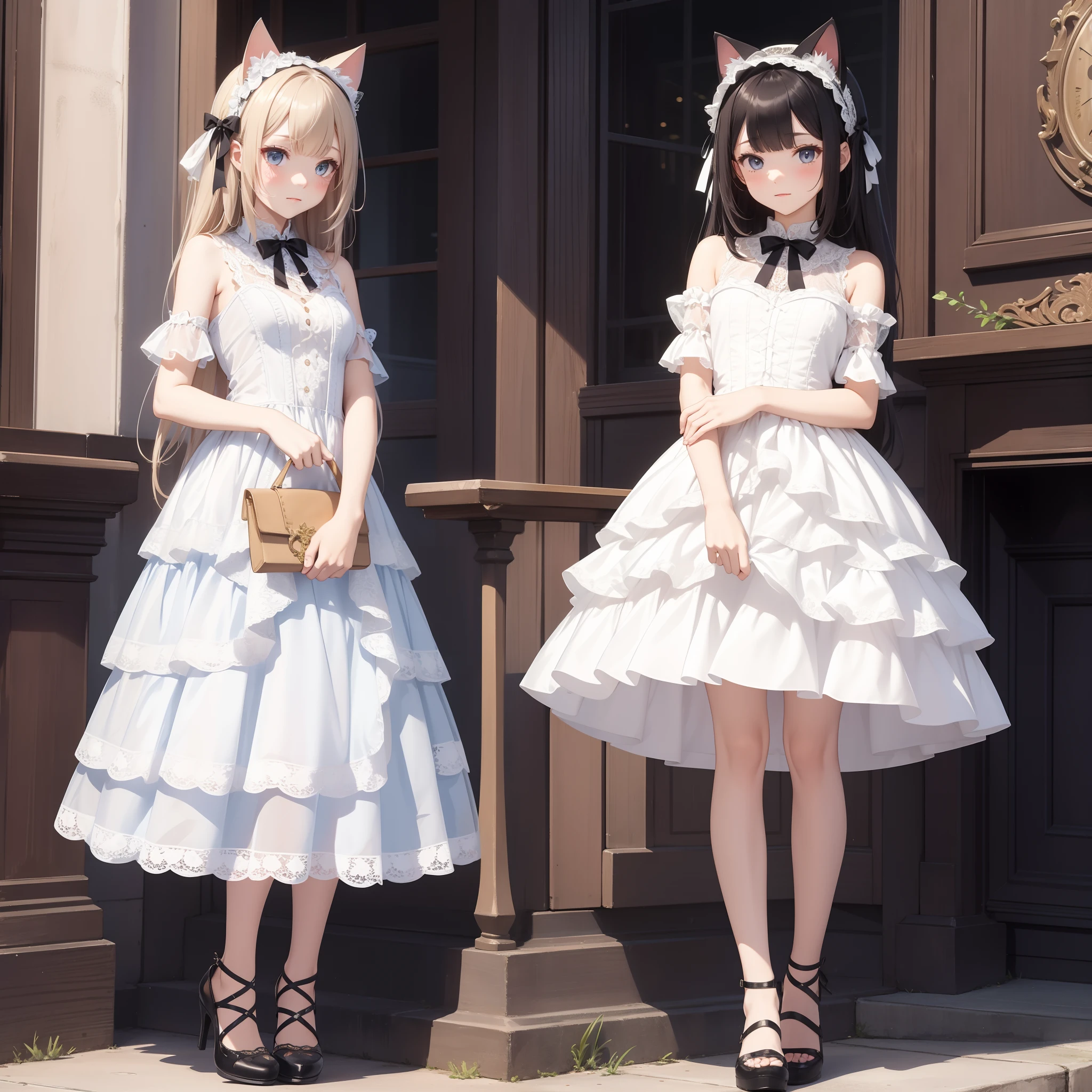 Lace dress,Multi-layered dress,laced dress,Color dress ,full bodyesbian,shoe,head gear, standing on your feet,cat ear