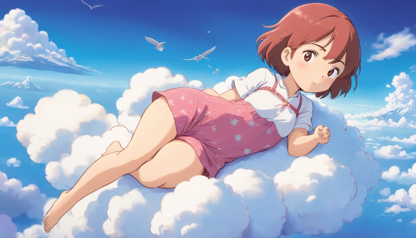 comic strip，Cute and cute 5 year old baby girl lying on beautiful fluffy clouds in the sky，anime big breast，On thick clouds such as marshmallows，Pink pajamas，Detail enhancement，8K，super-fine，concept-art，number art