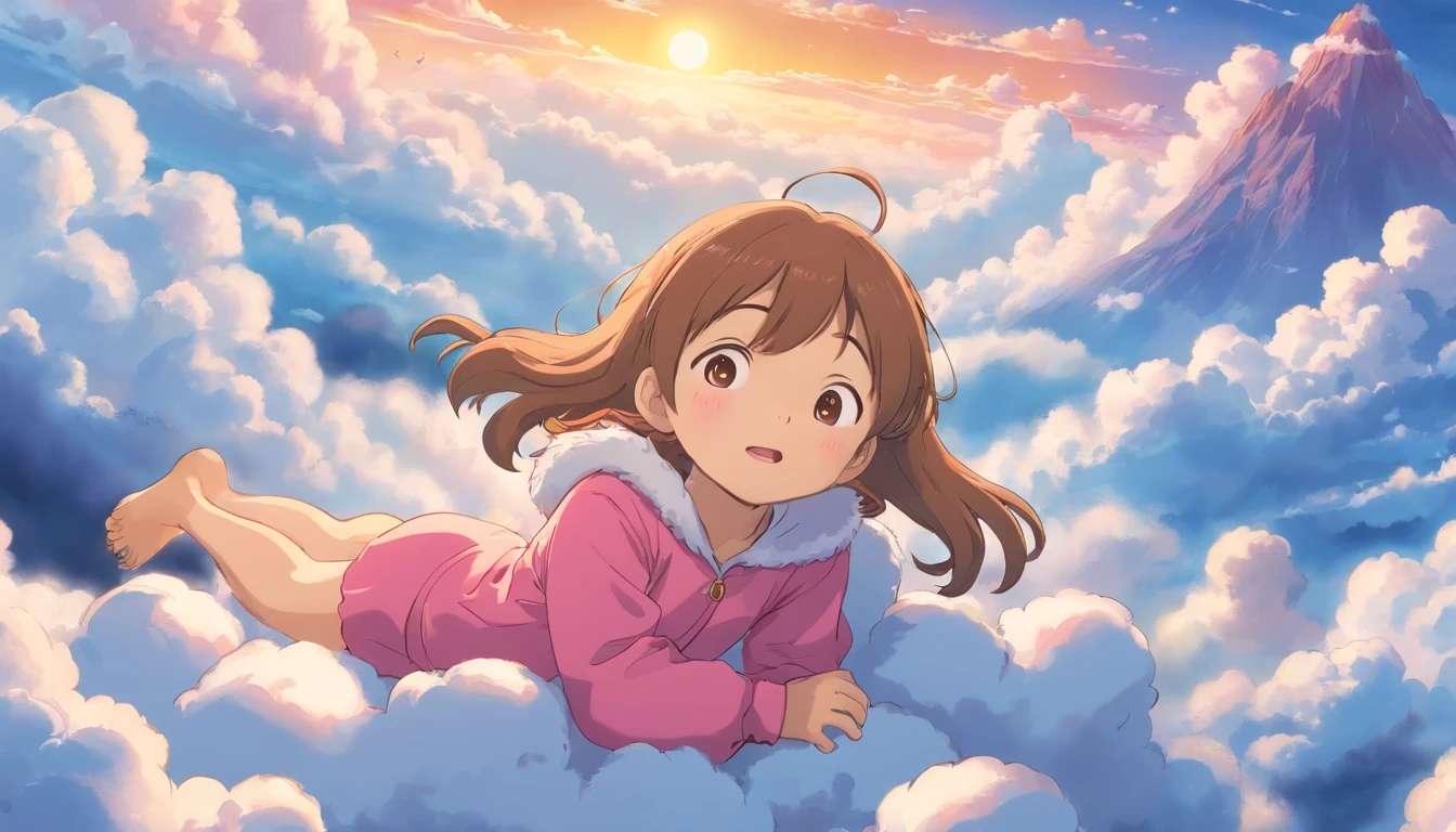 comic strip,Cute and cute 5 year old baby girl lying on beautiful fluffy clouds in the sky,anime big breast,On thick clouds such as marshmallows,Pink pajamas,Detail enhancement,8K,super-fine,concept-art,number art