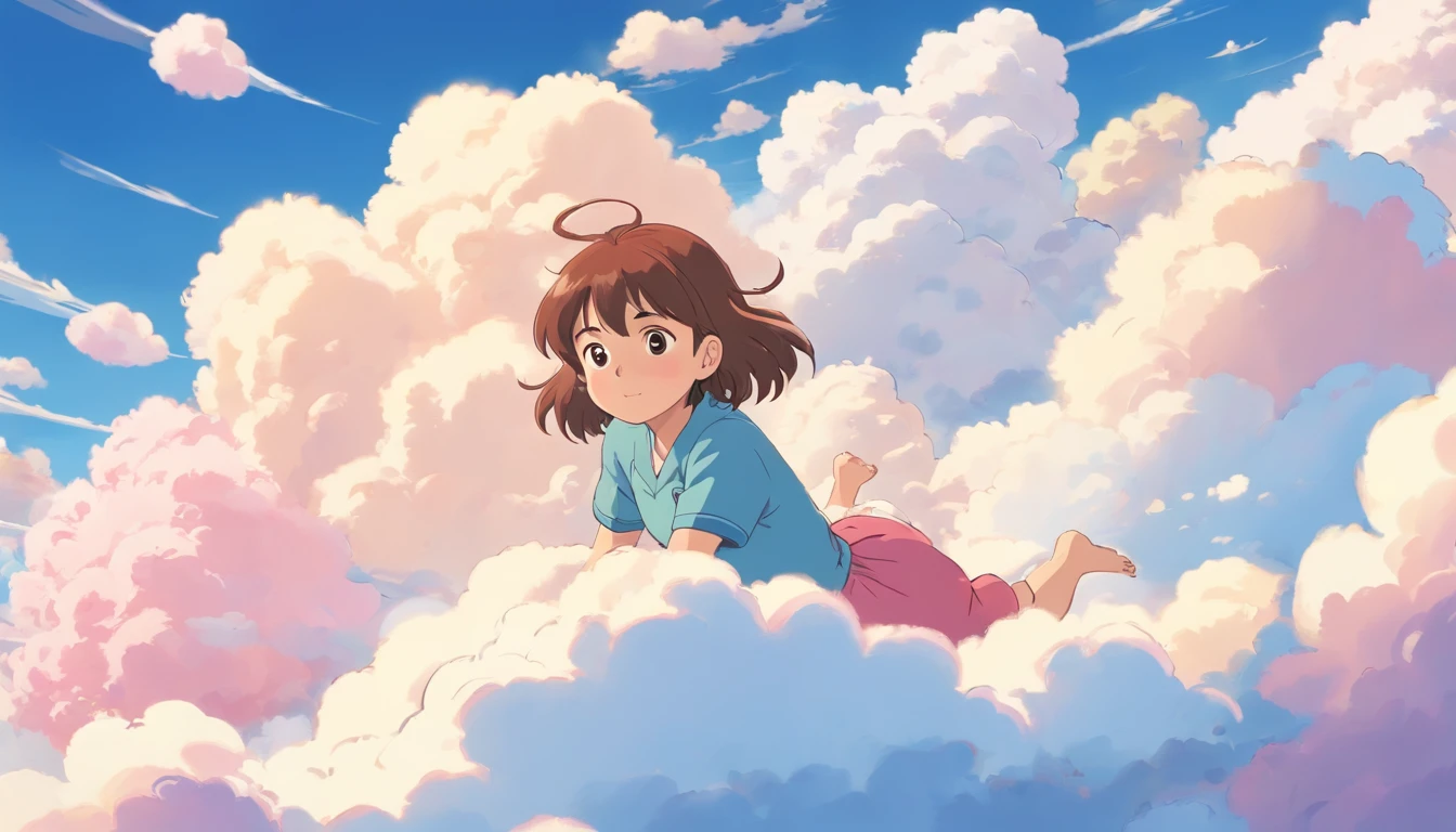 comic strip，Cute and cute 5  girl lying on beautiful fluffy clouds in the sky，anime big breast，On thick clouds such as marshmallows，Pink pajamas，Detail enhancement，8K，super-fine，concept-art，number art