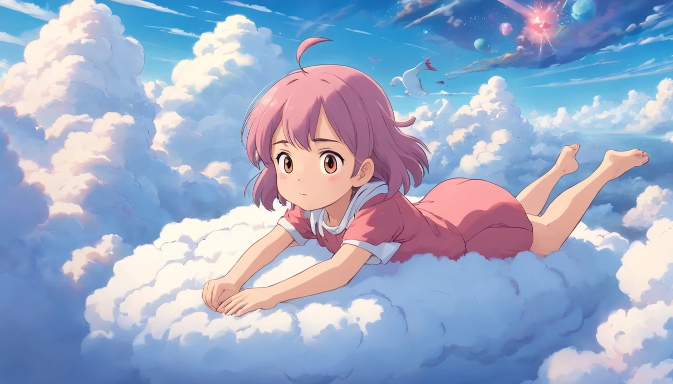 comic strip，Cute and cute 5 year old baby girl lying on beautiful fluffy clouds in the sky，anime big breast，On thick clouds such as marshmallows，Pink pajamas，Detail enhancement，8K，super-fine，concept-art，number art