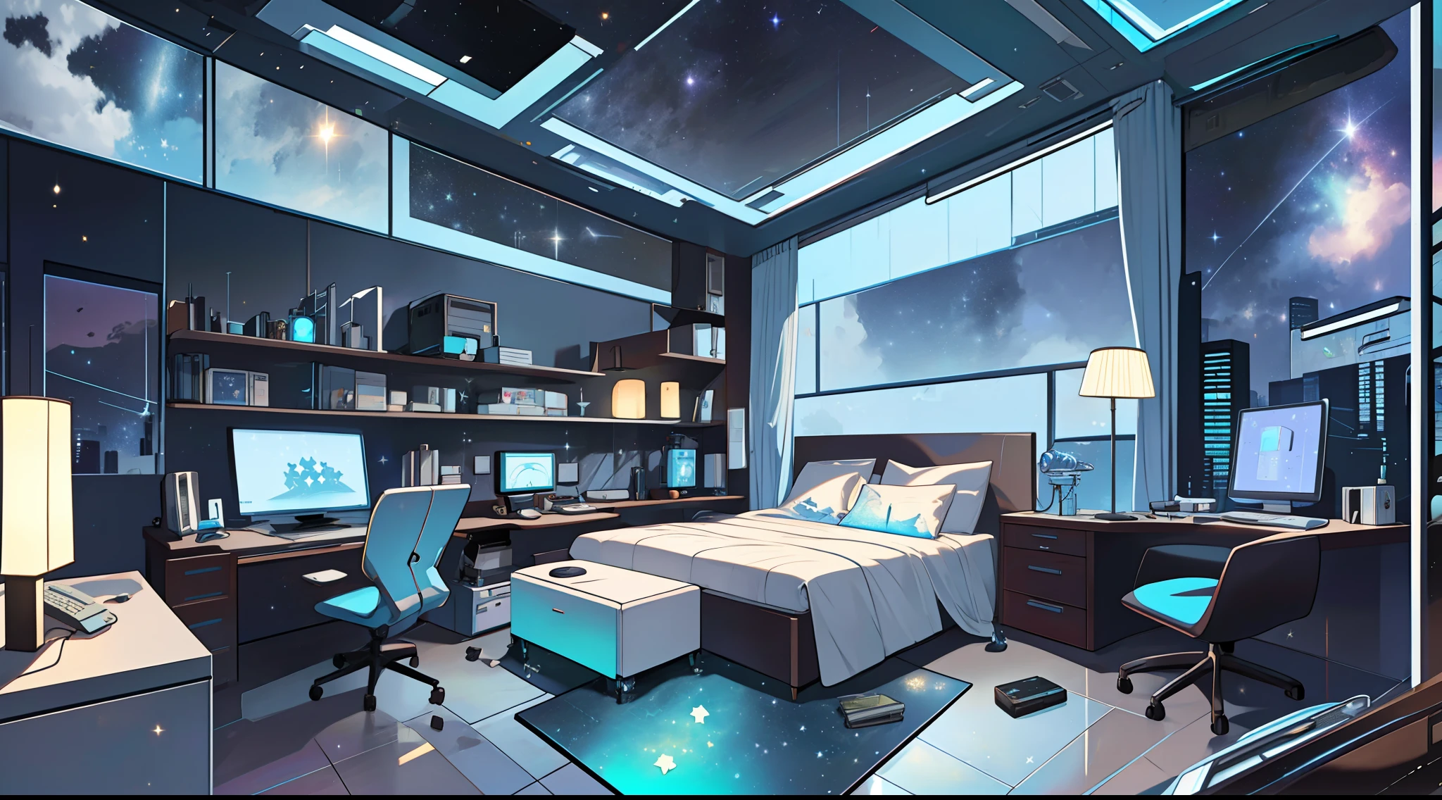 Warm Light Source Cyberpunk Calm Night Tech Bedroom Computer Desk Microphone Lamp Computer Water Dispenser Small Fluorescent Starry Sky Smooth Floor Fox Minimalism Deconstructivism Fragmentation Gorgeous Sculptures Floor-to-ceiling windows Light Bed Camera Chair Game Interface
