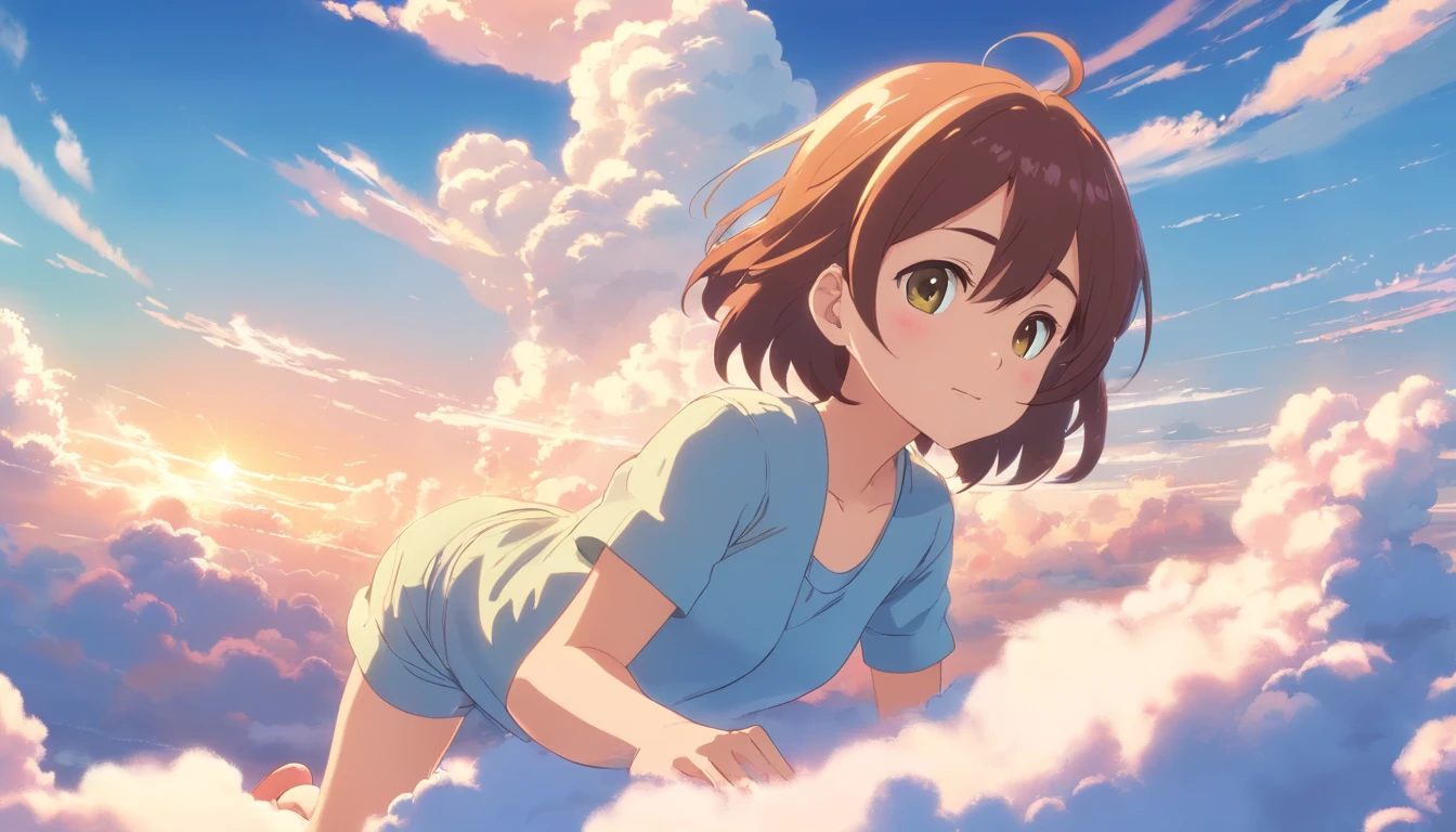 comic strip,Cute and cute 5 girl lying on beautiful fluffy clouds in the sky,anime big breast,On thick clouds such as marshmallows,Pink pajamas,Detail enhancement,8K,super-fine,concept-art,number art