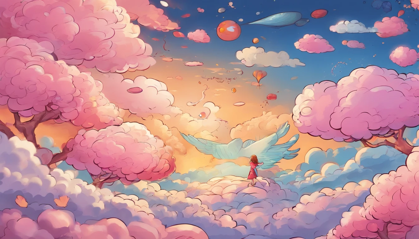 comic strip,Cute and cute 5 girl lying on beautiful fluffy clouds in the sky,anime big breast,On thick clouds such as marshmallows,Pink pajamas,Detail enhancement,8K,super-fine,concept-art,number art
