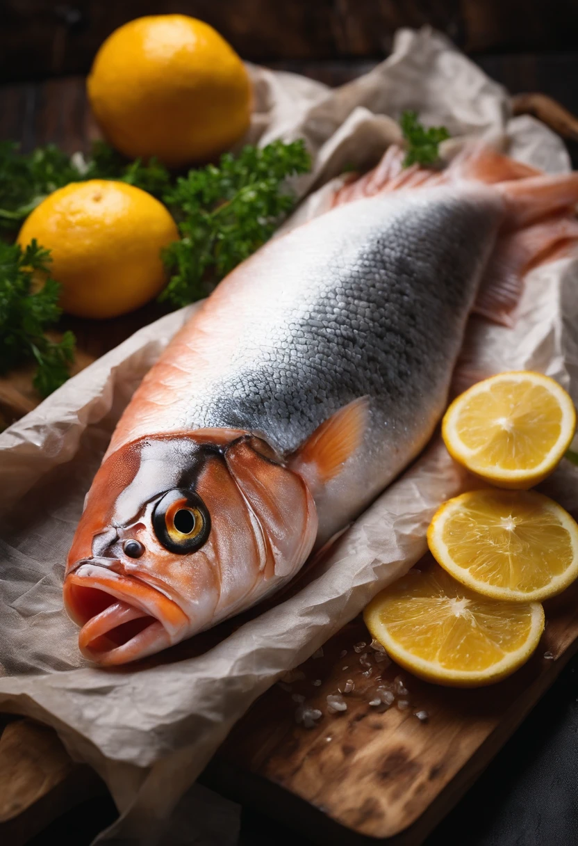 Raw fish wrapped in paper towels on the kitchen board Real 4K HD 1；1