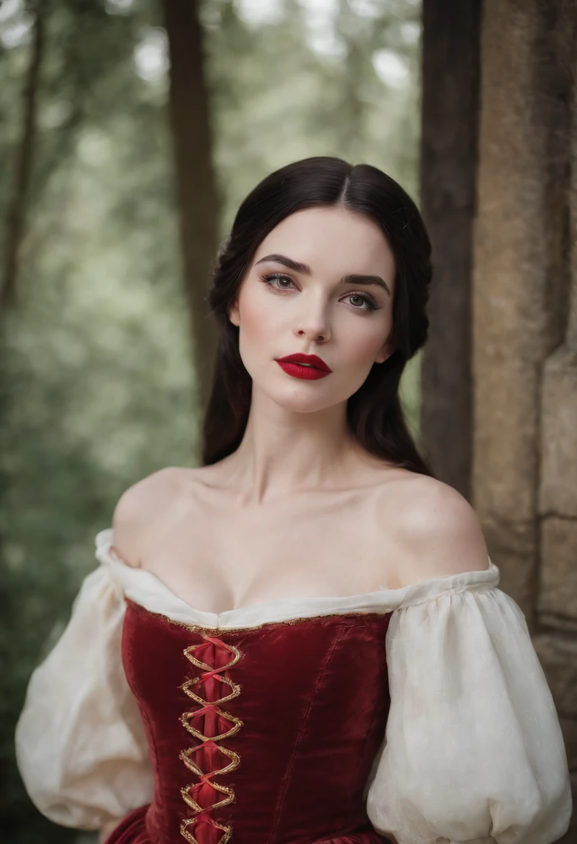 emma myers dressed as disney snow white, fair skin, black hair, fair complexion, red lips, disney snow white dress, slender and graceful, beautiful, candlelight in a medieval setting, ultra sharp focus, realistic shot, tetradic colors
