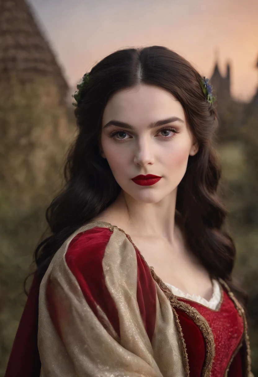 emma myers dressed as disney snow white, fair skin, black hair, fair complexion, red lips, disney snow white dress, slender and graceful, beautiful, candlelight in a medieval setting, ultra sharp focus, realistic shot, tetradic colors