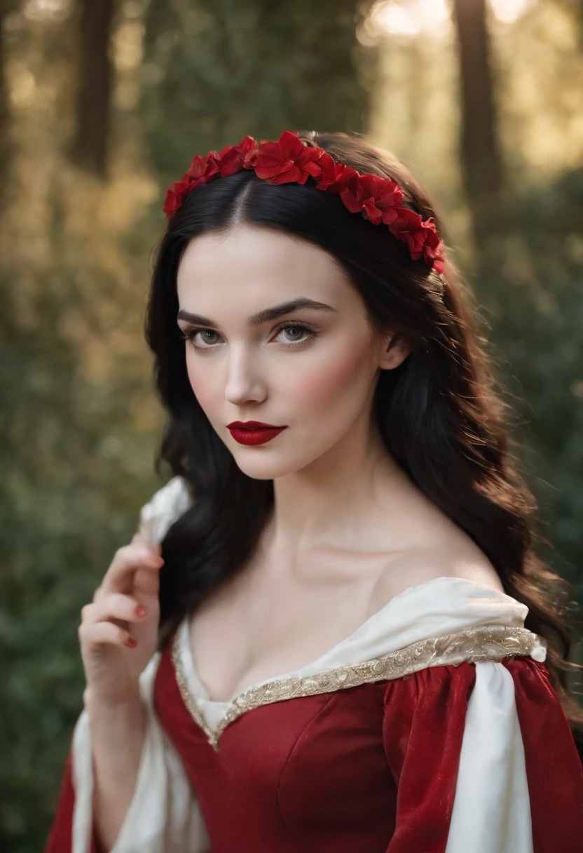 emma myers dressed as disney snow white, fair skin, black hair, fair complexion, red lips, disney snow white dress, slender and graceful, beautiful, candlelight in a medieval setting, ultra sharp focus, realistic shot, tetradic colors