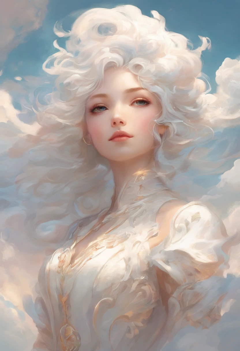 Oversized white stereoscopic Miyazaki style cloud on top of an anime heroine with a three-dimensional face cute dressed