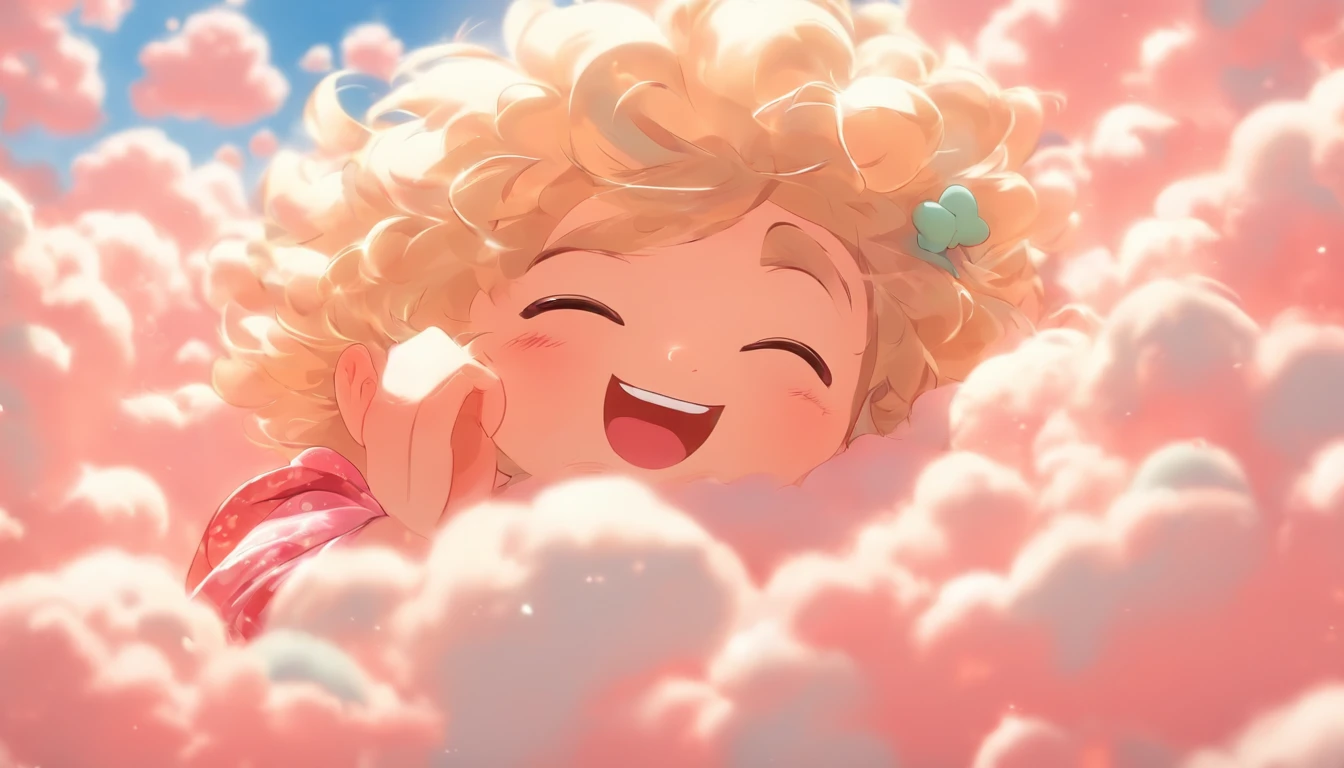 comic strip，Cute and cute 5  girl lying on beautiful fluffy clouds in the sky，anime big breast，On thick clouds such as marshmallows，Pink pajamas，Detail enhancement，8K，super-fine，concept-art，number art