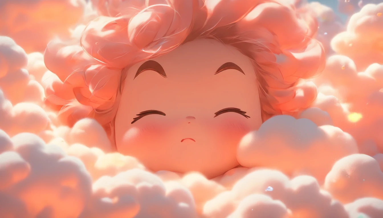 comic strip，Cute and cute 5 year old baby girl lying on beautiful fluffy clouds in the sky，anime big breast，On thick clouds such as marshmallows，Pink pajamas，Detail enhancement，8K，super-fine，concept-art，number art