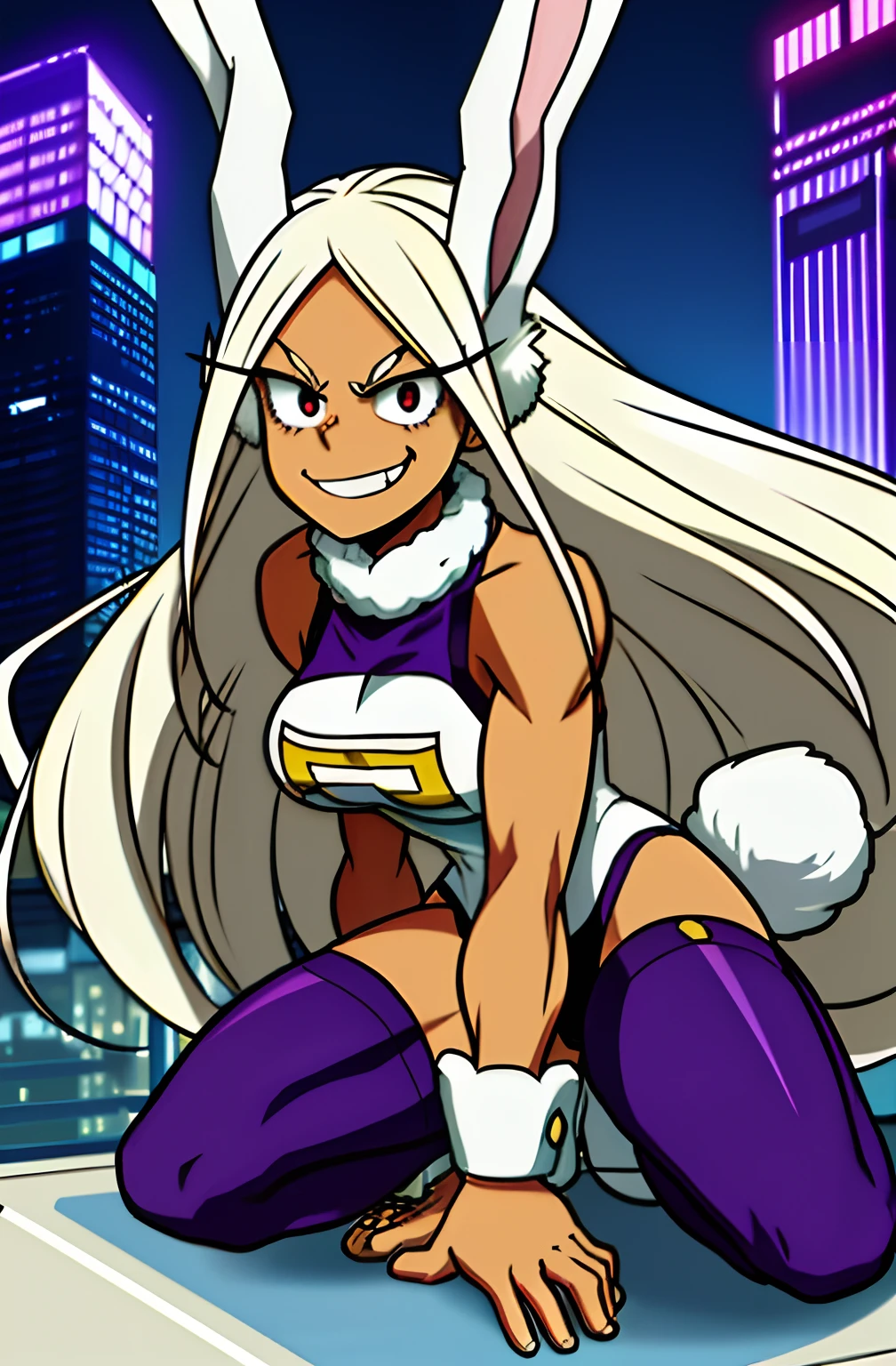 [Miruko; Boku no hiro academia], ((masterpiece)), ((solo portrait)), ((High definition)), ((anime)), ((Kohei Horikoshi)), ((detailed shading)), ((beautiful render art)),((cinematic lighting)), {Miruko; (dark skin, maroon eyes, long white hair, long white bunny ears, small fluffy white bunny tail, large boobs), (hero costume), (fluffy collar), (purple thigh-highs), (smug smile), (athletic body), muscular leg, defined arm muscles)}, {(squatting; on top of skyscraper, looking at viewer, dynamic pose), hand on ground, looking at viewer)}, [Background; (daytime); city; skyscrapers)]