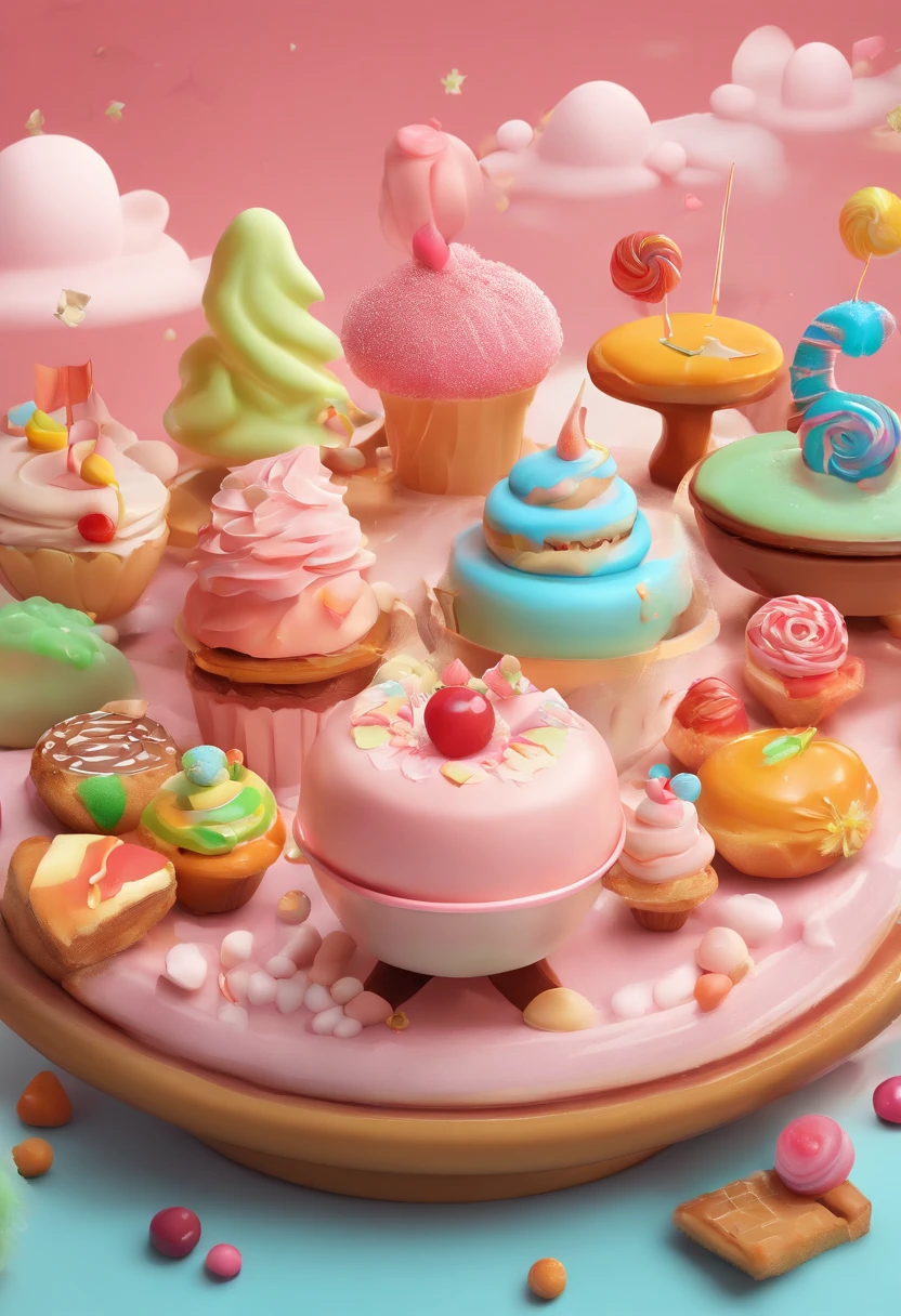(A cute, Cartoonish dessert characters，Has minimal human characteristics): Sweet and lively face, Round and shiny eyes, Cute little mouth, Soft and soft body, extremely colorful，Vibrant appearance, adorable expression, The limbs are small and stout, Joy and joyful resonance, Naughty and mischievous personality, A little clumsy，But full of charm, A touch of magic and wonder, Surrounded by desserts and sugary treats, A whimsical dessert wonderland, Fill with sweets, chocolate bar, and pastries, Sugar-coated fantasy world, Land where calories don't count, A delicious adventure in dessert paradise, Bright colors and a joyous atmosphere, Sweet aroma, With marshmallow clouds and lollipop trees as background, A cheerful and seductive presence, A dessert companion，Bring a smile to everyone's face. (Best quality, High-res), A delightful blend of sweetness and cuteness, A masterpiece of confectionery art, Eye and heart care, Mesmerizing and coveted creations, Light up the dessert companion for any day.