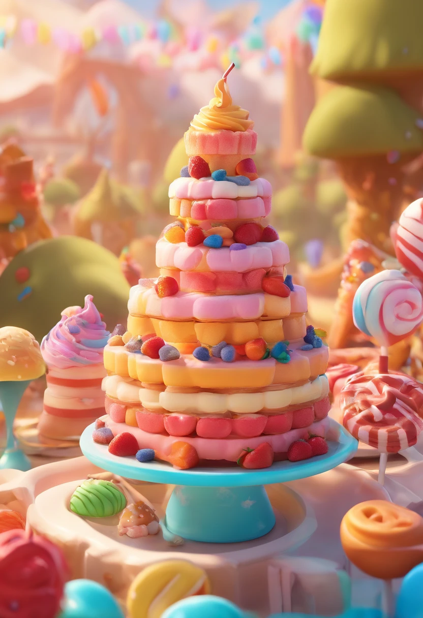 (A cute, Cartoonish dessert characters,Has minimal human characteristics): Sweet and lively face, Round and shiny eyes, Cute little mouth, Soft and soft body, extremely colorful,Vibrant appearance, adorable expression, The limbs are small and stout, Joy and joyful resonance, Naughty and mischievous personality, A little clumsy,But full of charm, A touch of magic and wonder, Surrounded by desserts and sugary treats, A whimsical dessert wonderland, Fill with sweets, chocolate bar, and pastries, Sugar-coated fantasy world, Land where calories don't count, A delicious adventure in dessert paradise, Bright colors and a joyous atmosphere, Sweet aroma, With marshmallow clouds and lollipop trees as background, A cheerful and seductive presence, A dessert companion,Bring a smile to everyone's face. (Best quality, High-res), A delightful blend of sweetness and cuteness, A masterpiece of confectionery art, Eye and heart care, Mesmerizing and coveted creations, Light up the dessert companion for any day.