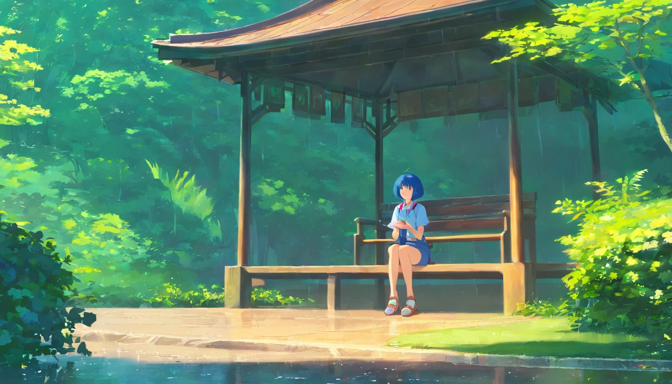 Rainy day gazebo,Girl with short blue hair sitting inside the gazebo,The boy stood at the mouth of the gazebo with his schoolbag in his hand,rainy days,Green vegetation in the background