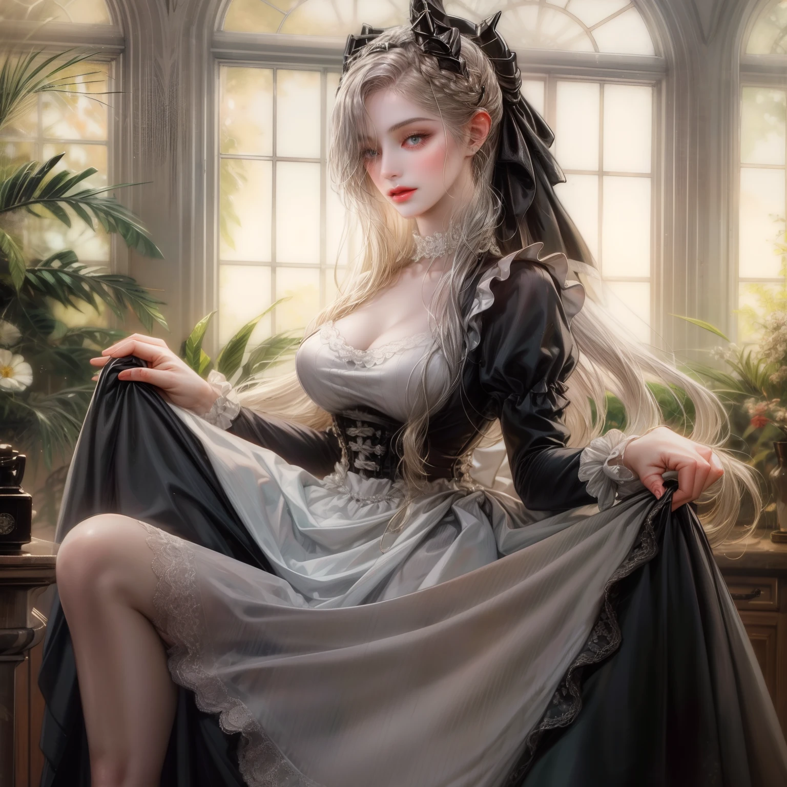 Close-up photos, Confident young beautiful adult woman with blonde hair and white hair in ponytail, Maid in black and white ruffled clothes, で, Photorealistic, Cinematic lighting