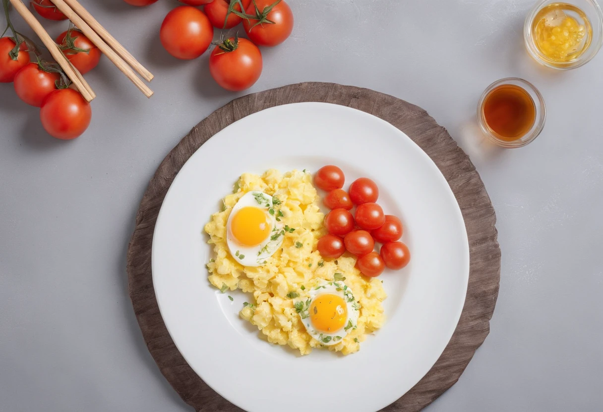 Scrambled eggs with tomatoes,Large egg chunks,Steaming heat,White dinner plate,Bamboo chopsticks,Observation at a depression angle of 30 degrees
