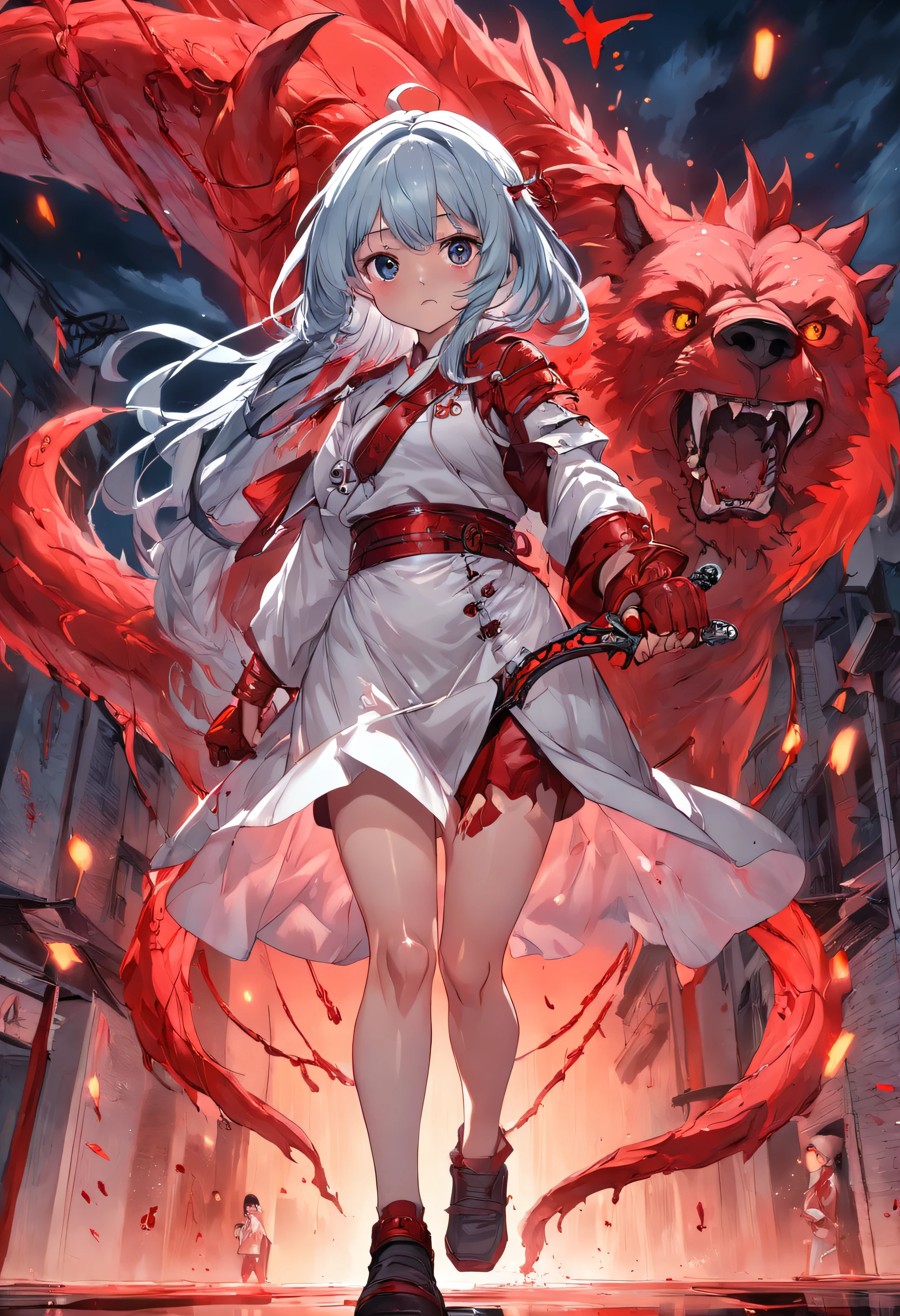 uma mulher pequena e fofa de cabelos brancos, with a well-detailed sword in his right hand, com correntes em sua perna e sangue no nas pedras, with a giant bear behind her with its mouth full of blood.