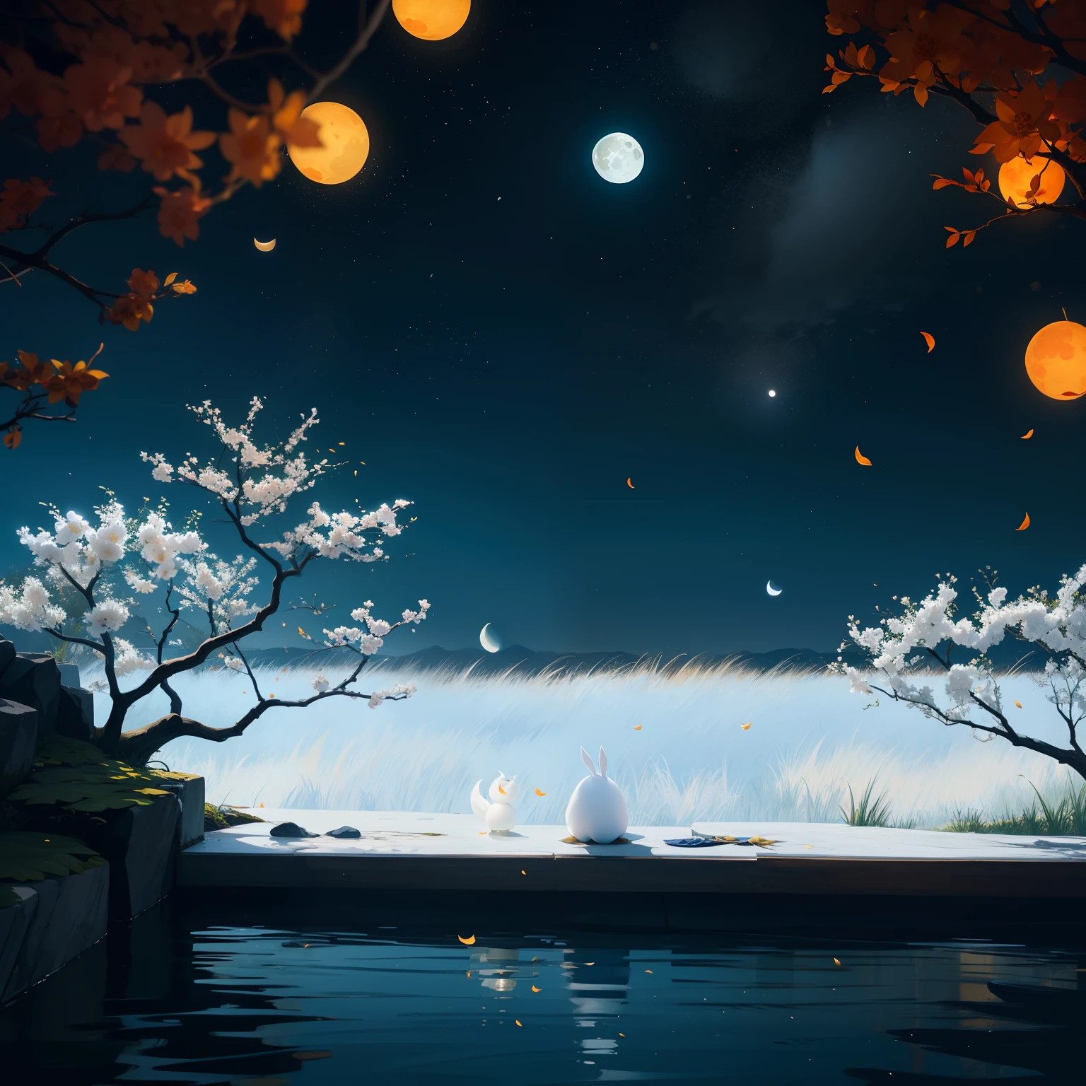 Moon，Mid-Autumn Festival，Osmanthus flowers fall，The moon is born on the sea，Blue tones，Chang'e，edgBunny，an osmanthus tree