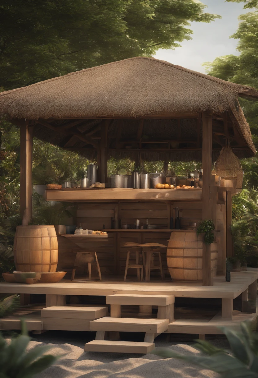 A simple snack stand，Support the roof with four，The roof should be light，The field of view is able to penetrate，You can see the scene behind the stall，On the beach by the sea，Resist typhoons，Easy to disassemble（Bright warm sunshine 1:0.1）Jiageng style building，Hokkien style，Internet celebrity booths，Grounded，Shared by all