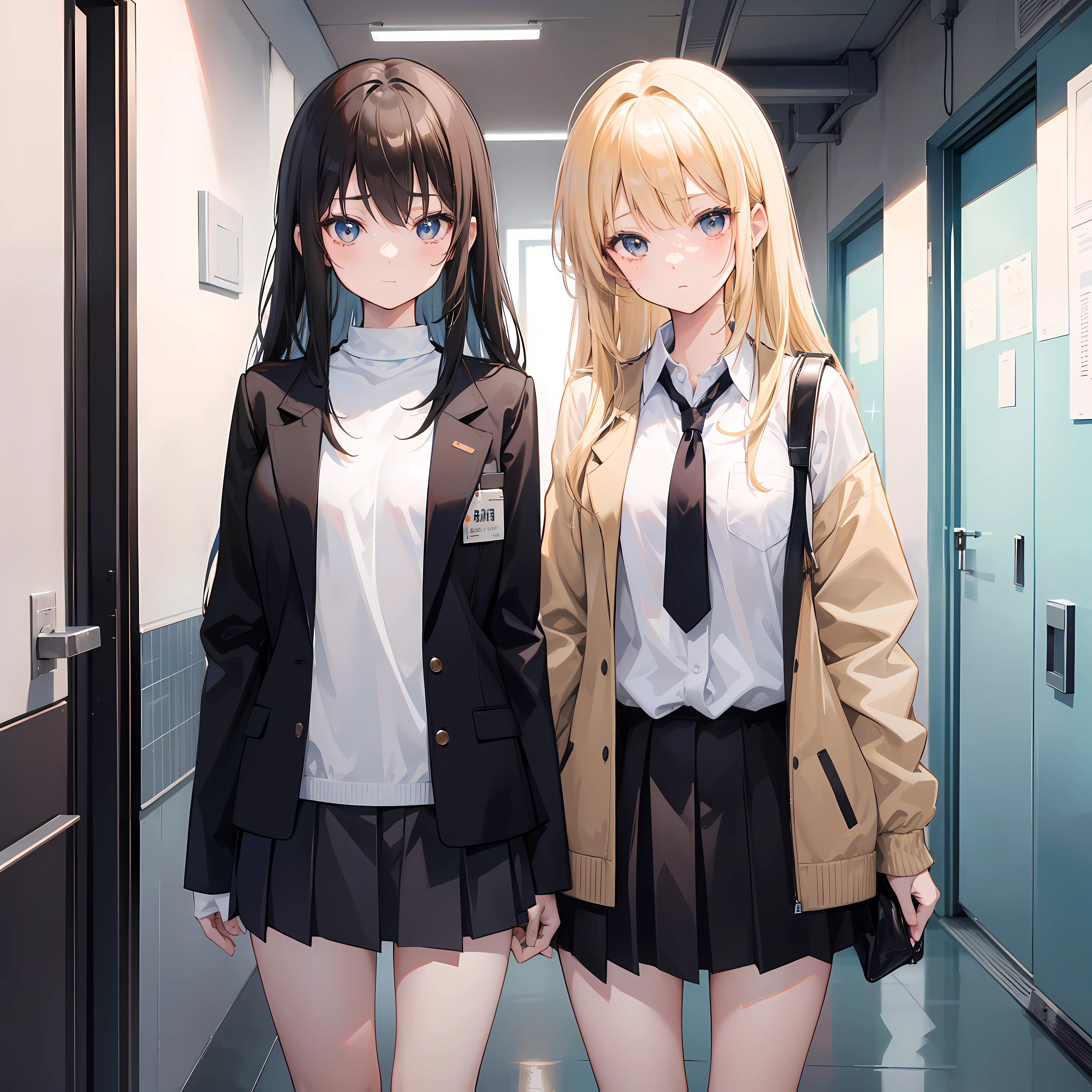 Create an image of two cute anime characters, Yori and Aina, standing in a college hallway. Yori is a beautiful black-haired girl with a lot of attitude. She is stylish and extroverted, and she is wearing a leather jacket, a white college shirt, a dark brown tie, and sneakers. She has a comfortable expression on her face. Aina is a beautiful blonde-haired girl who is shy and introverted. She is wearing a white college shirt, a dark brown college coat, a dark brown tie, and sneakers. She has an uncomfortable expression on her face. The two girls are standing with their faces in opposite directions.