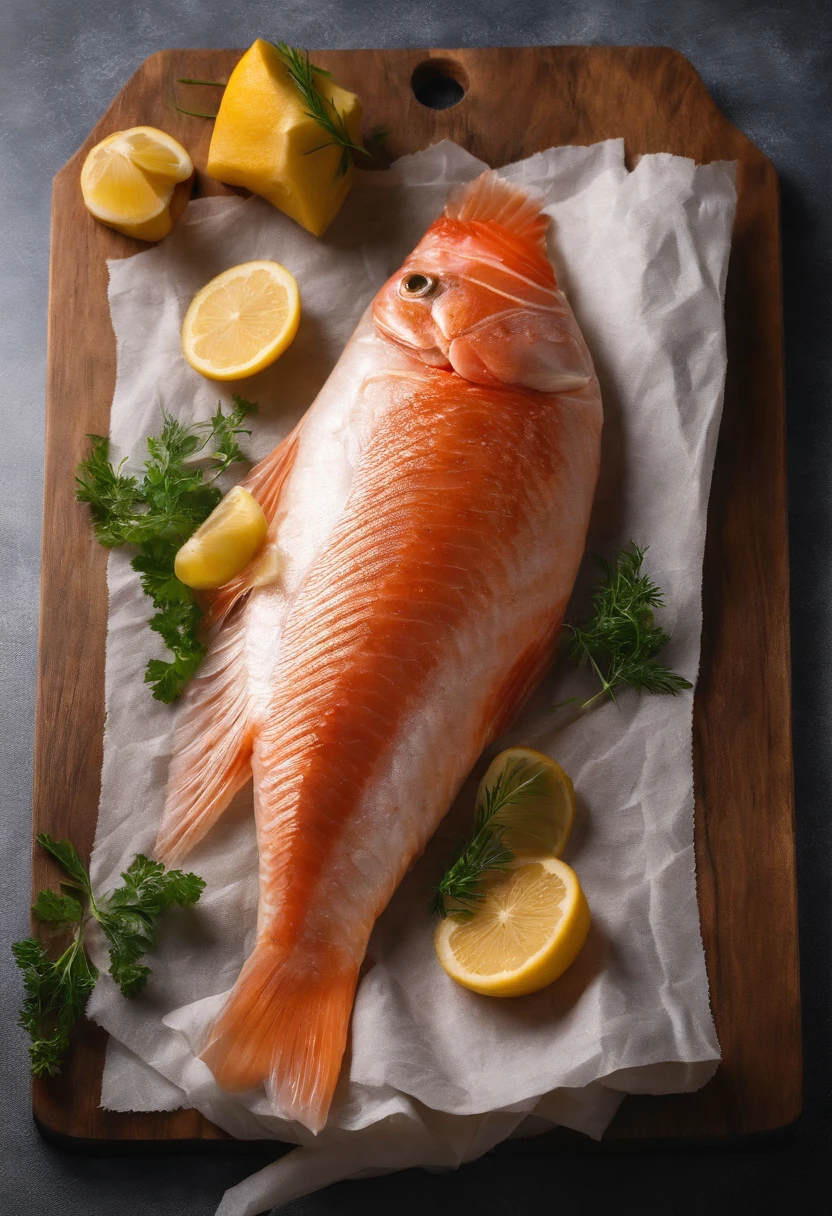 Raw fish wrapped in paper towels on a kitchen board in true 4K HD 1;1 Horizontal version