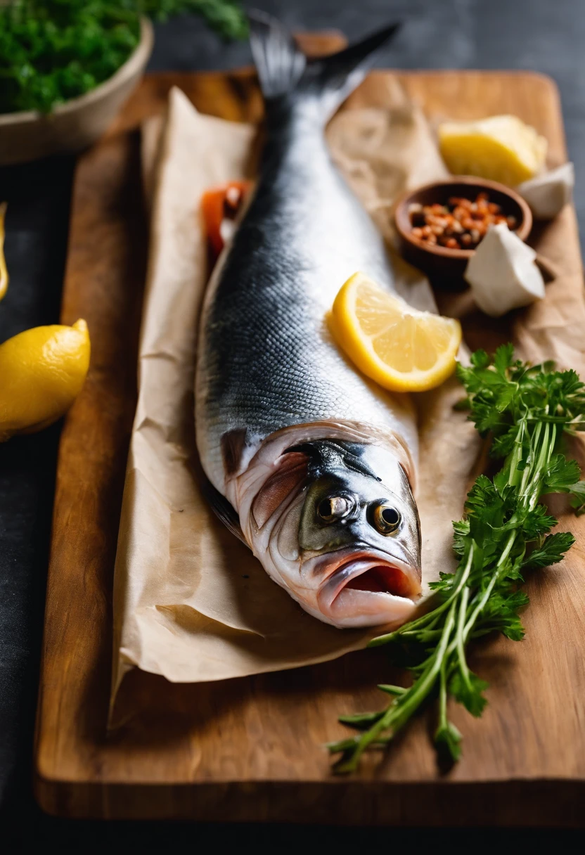 Raw fish wrapped in paper towels on a kitchen board in true 4K HD 1；1 Horizontal version