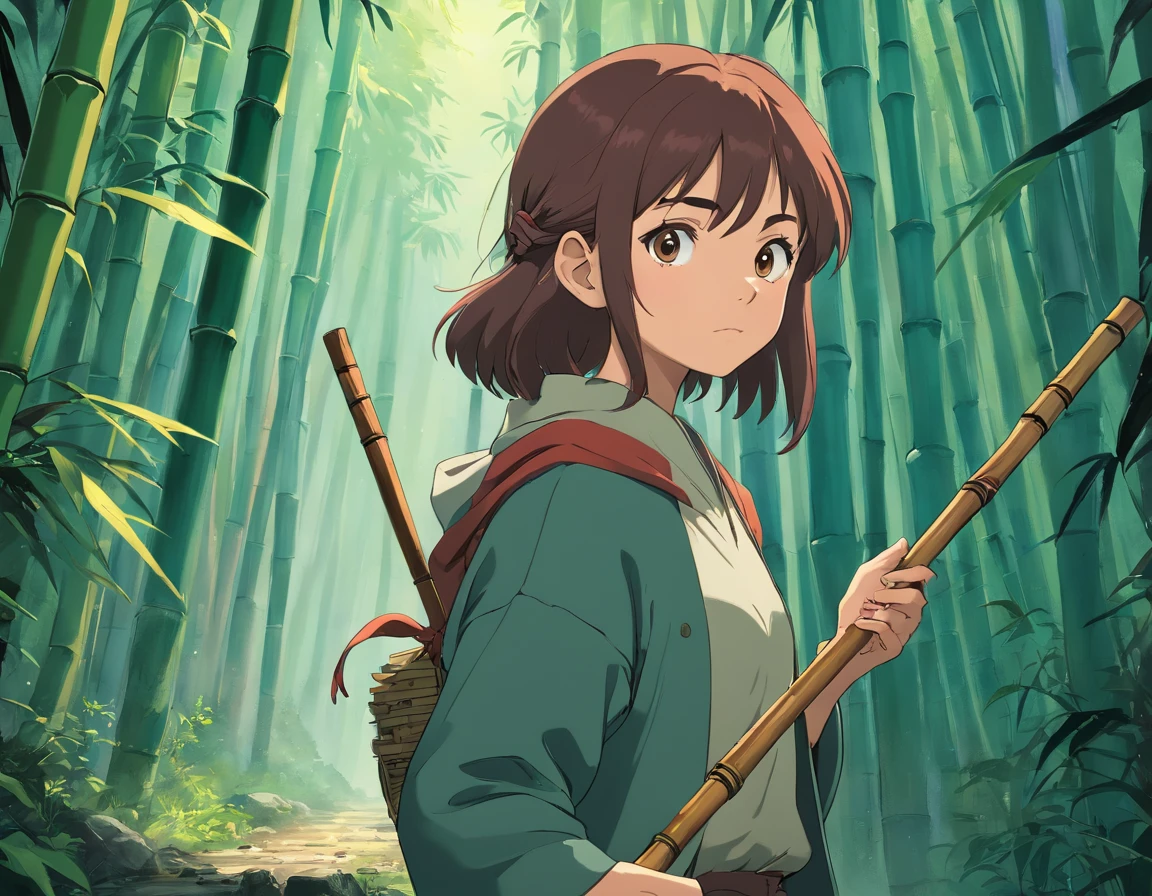 strong abandoned girl protagonist,holding a bamboo rod,desolate atmosphere,overgrown foliage,rugged terrain,threadbare clothing,determined expression,long unkempt hair,dramatic lighting,post-apocalyptic setting,dark color palette,distant ruins,vivid storytelling,cinematic composition,gritty textures,high contrast shadows,emotional depth,mysterious aura,hauntingly beautiful scenery,great attention to details,unyielding strength in her gaze,graceful yet rugged presence,dilapidated surroundings,lost civilization,remote location,isolated from the world,hint of hope shining through,strength in solitude,survival instinct,amidst chaos,contrast of fragility and resilience,heroine of her own journey,unexplored wilderness,stoic determination,unbreakable spirit,transformation and growth,unconventional beauty,numerous untold stories within her,unbreakable bond with nature,captivating and thought-provoking narrative