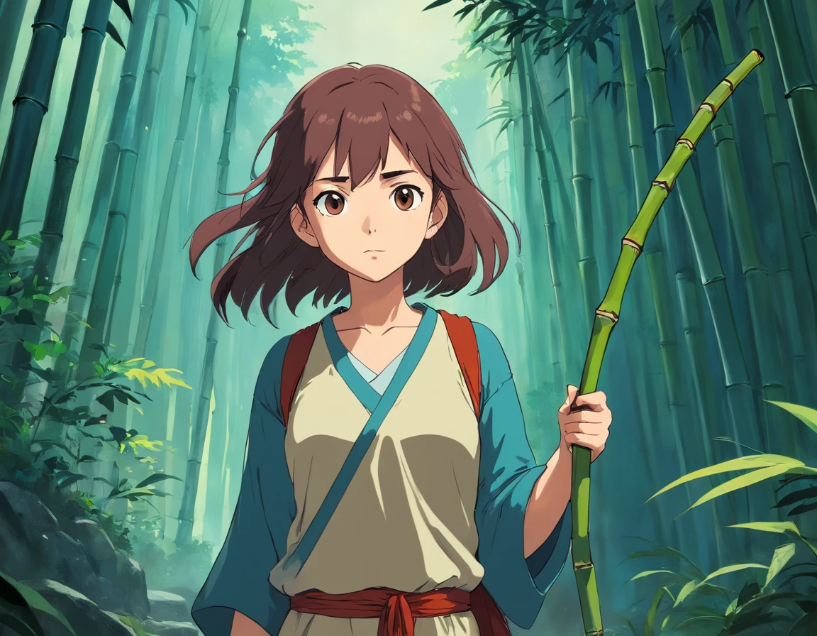 strong abandoned girl protagonist,holding a bamboo rod,desolate atmosphere,overgrown foliage,rugged terrain,threadbare clothing,determined expression,long unkempt hair,dramatic lighting,post-apocalyptic setting,dark color palette,distant ruins,vivid storytelling,cinematic composition,gritty textures,high contrast shadows,emotional depth,mysterious aura,hauntingly beautiful scenery,great attention to details,unyielding strength in her gaze,graceful yet rugged presence,dilapidated surroundings,lost civilization,remote location,isolated from the world,hint of hope shining through,strength in solitude,survival instinct,amidst chaos,contrast of fragility and resilience,heroine of her own journey,unexplored wilderness,stoic determination,unbreakable spirit,transformation and growth,unconventional beauty,numerous untold stories within her,unbreakable bond with nature,captivating and thought-provoking narrative