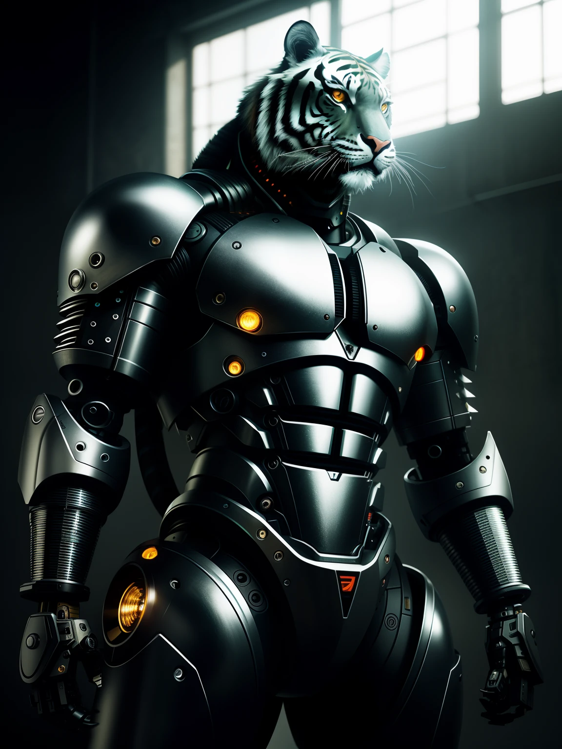 A mighty and domineering tiger made of metal，(cyborg:1.1)，([tail | detailed wire]:1.3)，(Complicated details)，hdr，(Complicated details，hyperdetailed:1.2)，Cinema lenses，Vignette，at centre