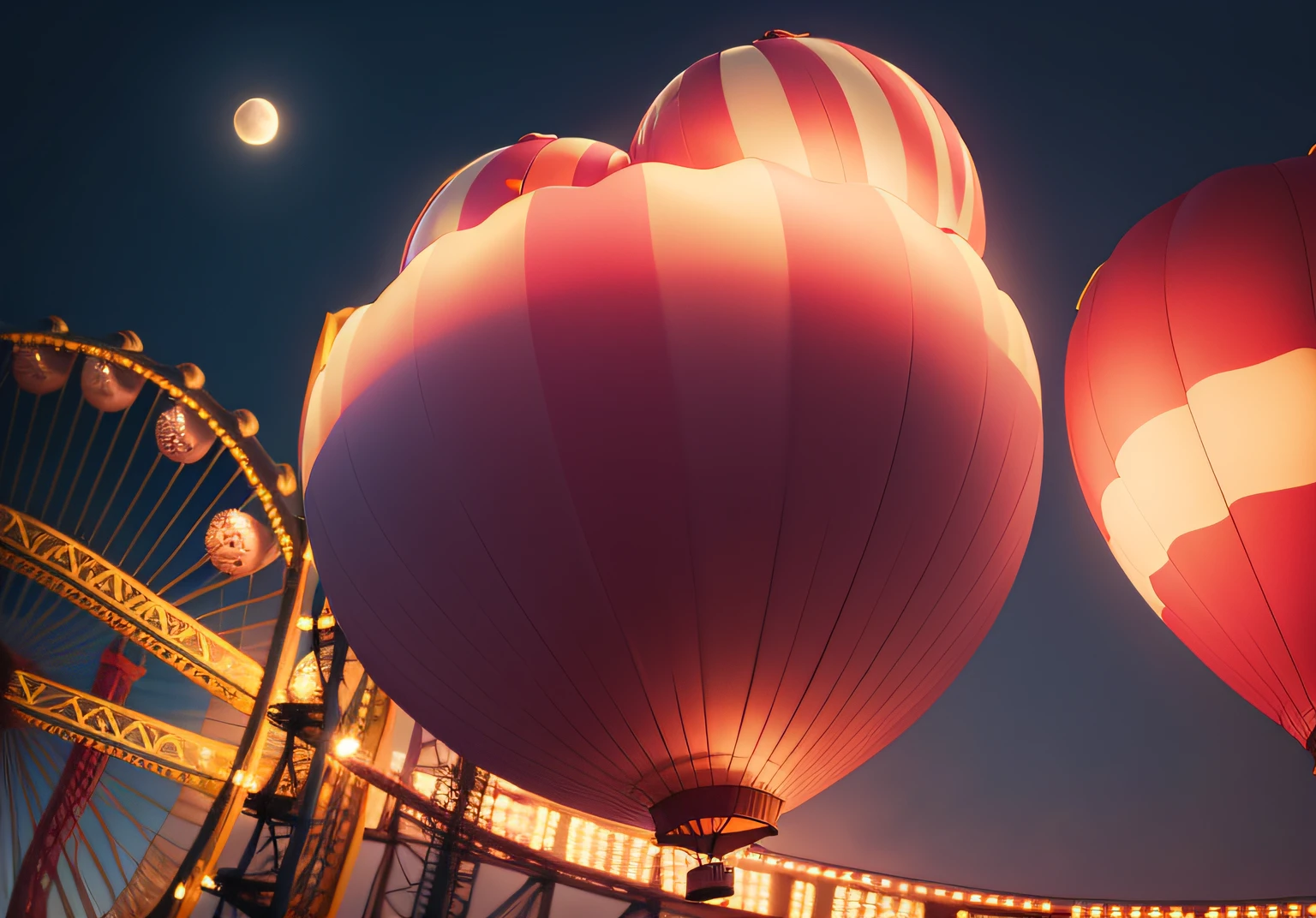 4K HD Large Amusement Park National Day Balloons Fly into the Sky Big Moon Light and Shadow Roller Coaster
