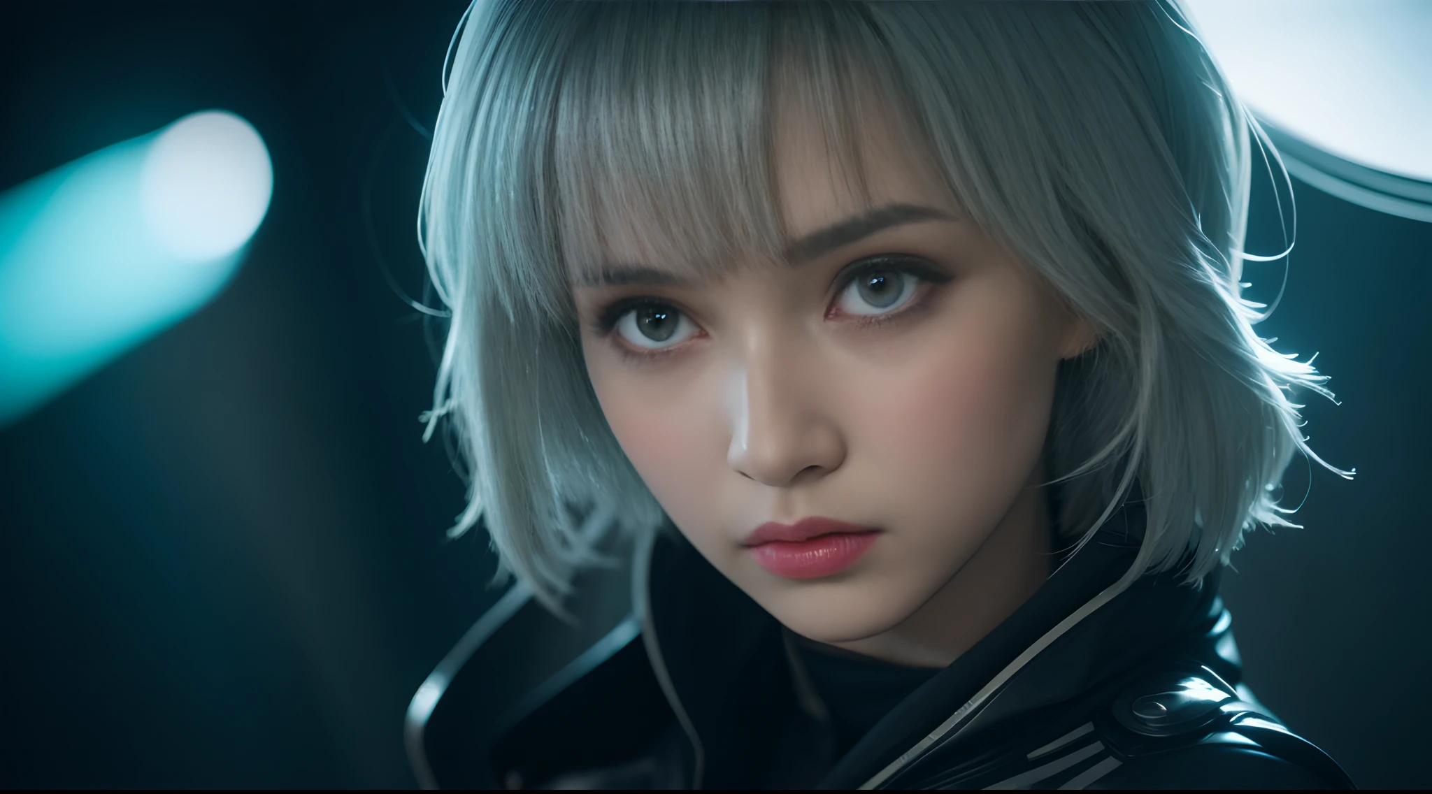 emphasis lines, bokeh, Eye-Level Shot，From the movie Matrix ，3D,solo， 1girl，battle garment，A young white haired girl from Germany,A beautiful cyberpunk female image,hdr（HighDynamicRange）,Ray traching,NVIDIA RTX,Hyper-Resolution,Unreal 5,Subsurface scattering、PBR Texture、post-proces、Anisotropy Filtering、depth of fields、maximum definition and sharpness、Many-Layer Textures、Albedo e mapas Speculares、Surface coloring、Accurate simulation octane rendering of light-material interactions、Two-colored light、largeaperture、Low ISO、White balance、the rule of thirds、8K raw data、blackstockings，cinematic lighting, ray tracing, reflection light,  UHD, best quality, high quality, award winning, high details, masterpiece, anatomically correct, textured skin，