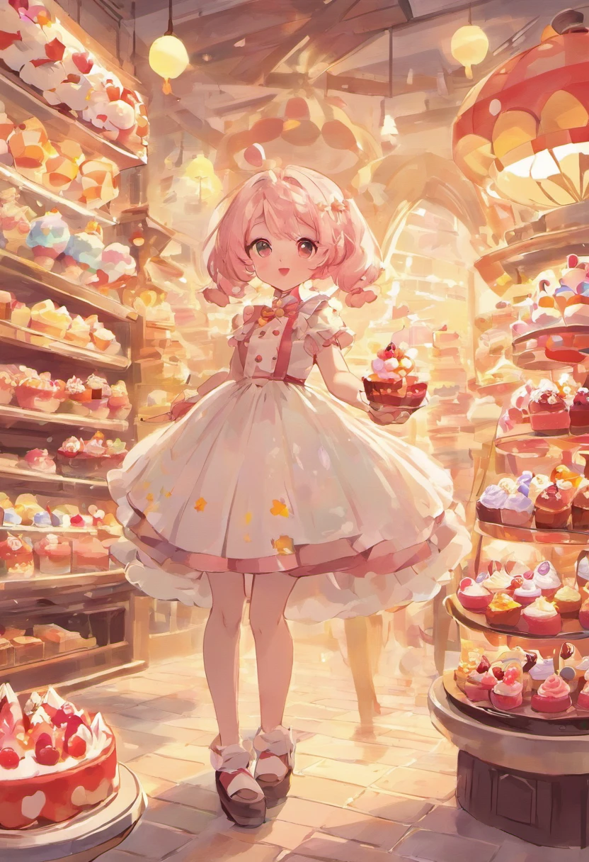 (A cute, Cartoonish dessert characters,Has minimal human characteristics): Sweet and lively face, Round and shiny eyes, Cute little mouth, Soft and soft body, extremely colorful,Vibrant appearance, adorable expression, The limbs are small and stout, Joy and joyful resonance, Naughty and mischievous personality, A little clumsy,But full of charm, A touch of magic and wonder, Surrounded by desserts and sugary treats, A whimsical dessert wonderland, Fill with sweets, chocolate bar, and pastries, Sugar-coated fantasy world, Land where calories don't count, A delicious adventure in dessert paradise, Bright colors and a joyous atmosphere, Sweet aroma, With marshmallow clouds and lollipop trees as background, A cheerful and seductive presence, A dessert companion,Bring a smile to everyone's face. (Best quality, High-res), A delightful blend of sweetness and cuteness, A masterpiece of confectionery art, Eye and heart care, Mesmerizing and coveted creations, Light up the dessert companion for any day.