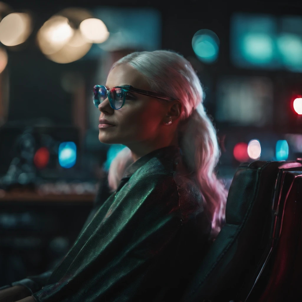 ((Best Quality)), ((Masterpiece)), (Very detailed: 1.3), 3D, NeonNoir, beautiful cyberpunk woman, (wearing thick and high-tech holographic glasses: 1.2), wearing a cape, hacking into a computer terminal, purple neon on the monitor, green neon sign on the wall, (((short white hair: 1.1))), (queen \\ (cold expression \\), sitting in a chair