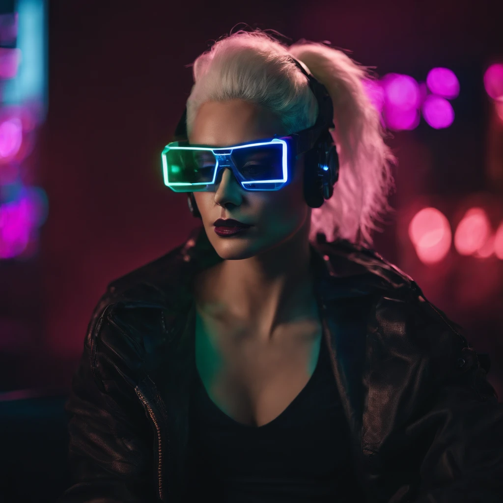 ((Best Quality)), ((Masterpiece)), (Very detailed: 1.3), 3D, NeonNoir, beautiful cyberpunk woman, (wearing thick and high-tech holographic glasses: 1.2), wearing a cape, hacking into a computer terminal, purple neon on the monitor, green neon sign on the wall, (((short white hair: 1.1))), (queen \\ (cold expression \\), sitting in a chair
