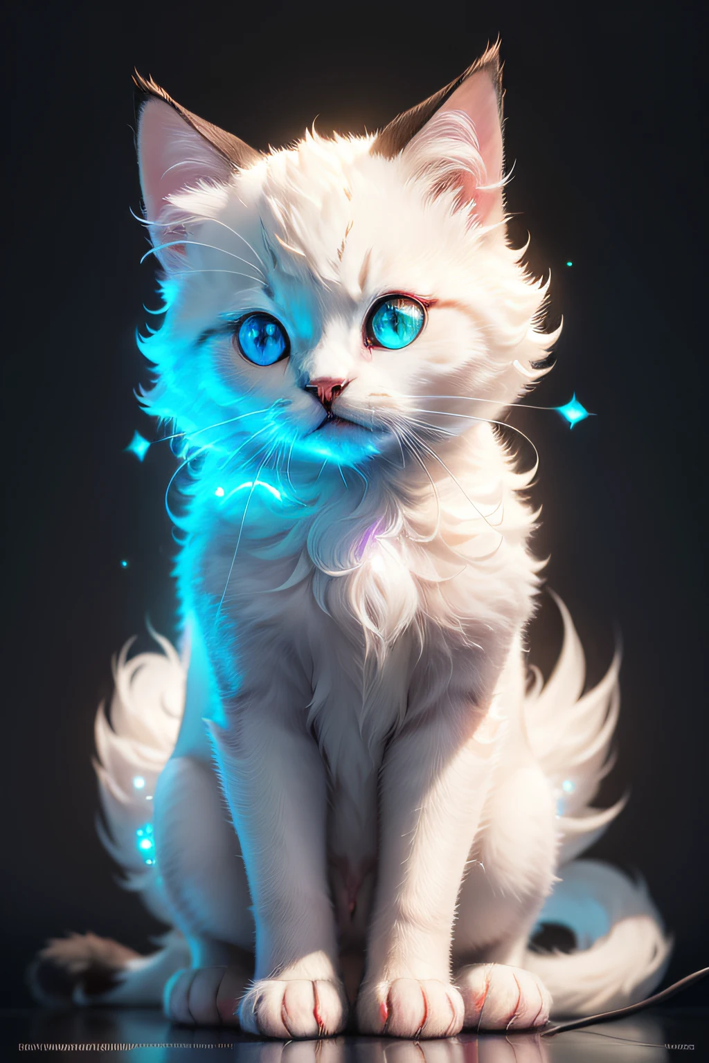 Beautiful furry cat with shimmering white fur, Bright, lamp lights, spark of light, Black background, Cute kitten, Heterochromia, Green and blue eyes, Beauty, Crystal clear images, Ultra-detailed 8K, Photorealism, surrealism, Phlegm sputum, phlegm, Very well done image, digital details, art, Beautiful composition.