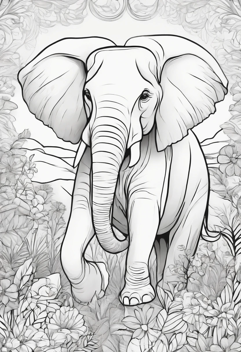 coloring page, Elephant, cartoon style, thick lines, line art, white and black.