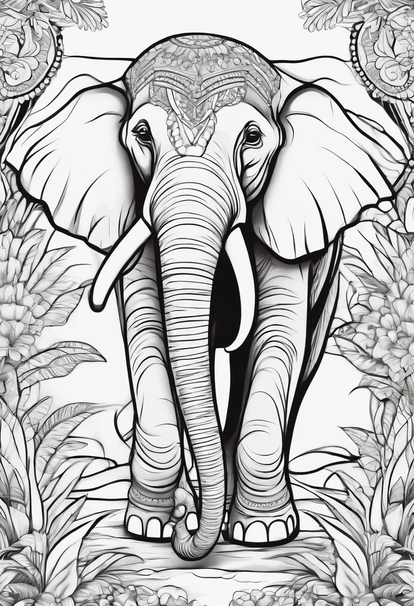 coloring page, Elephant, cartoon style, thick lines, line art, white and black.