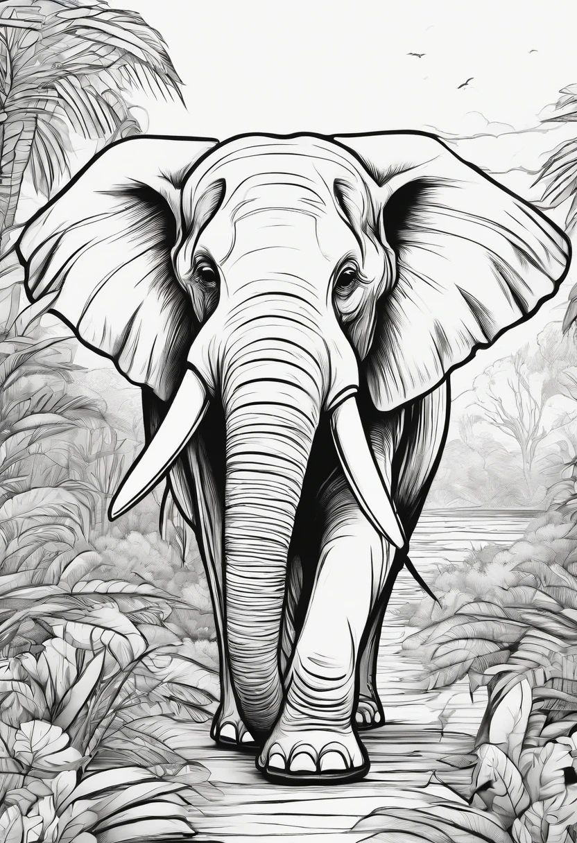 coloring page, Elephant, cartoon style, thick lines, line art, white and black.