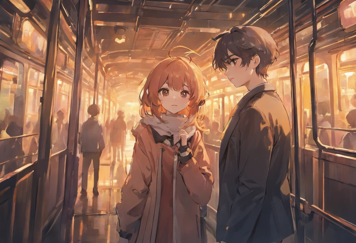 Anime,couple,boy,girl,train,night,citylight,nekogirl,mechaboy,anime,facelook,sitontrain,kneeup,