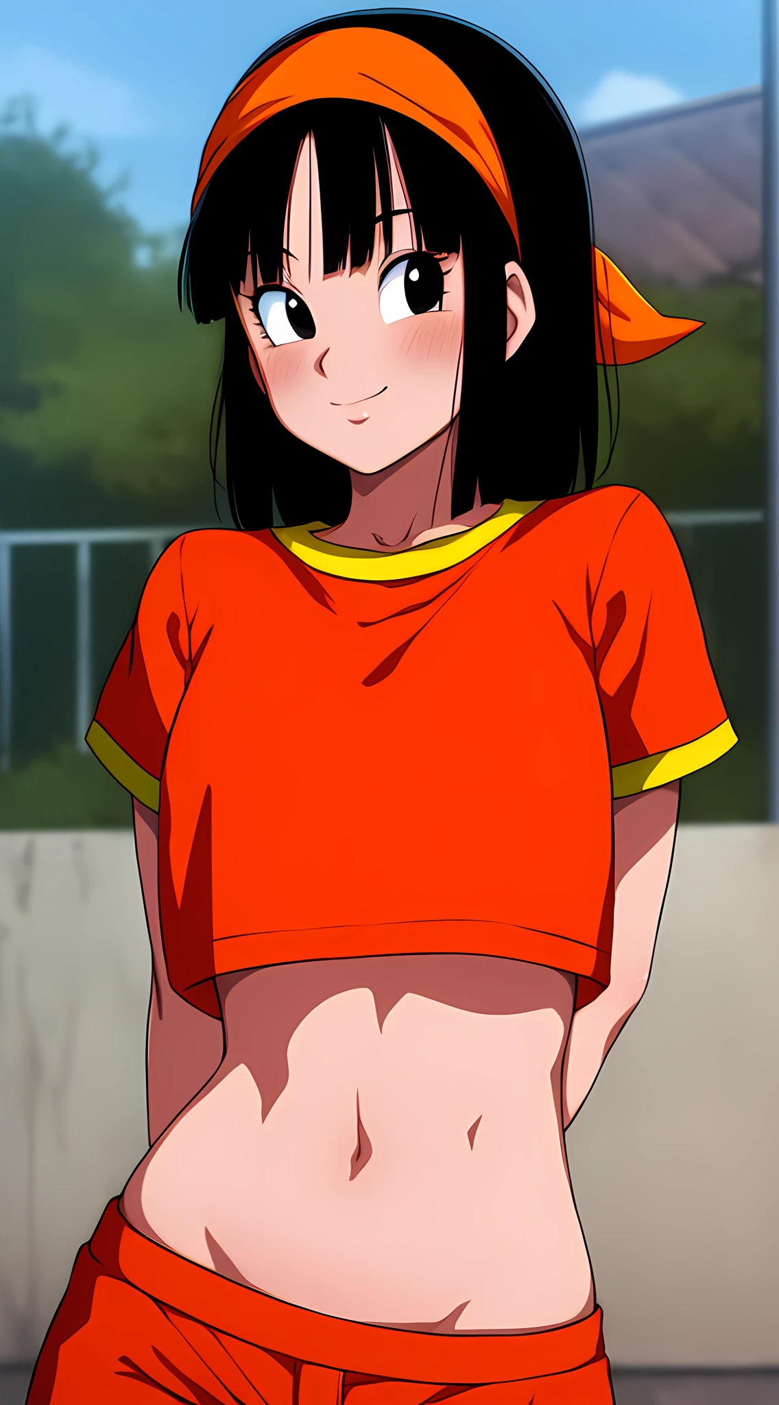 pan from dragon ball anime, short hair, black hair, bangs, black eyes, wearing orange headgear, beautiful, beautiful woman, perfect body, perfect breasts, wearing red shirt, shorts, looking at the audience, slight smile, realism , masterpiece, textured skin, super detailed, high detail, high quality, best quality, 1080p, 16k