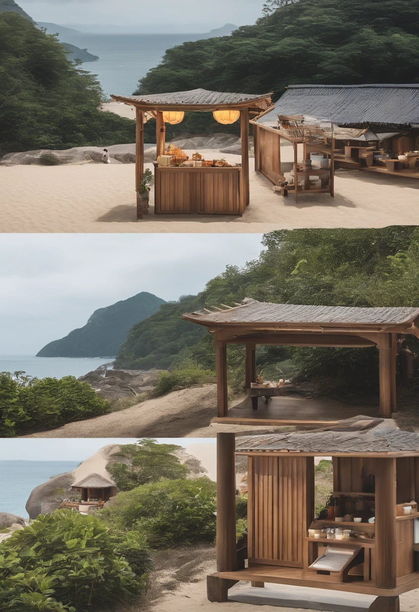 A simple snack stand，Support the roof with four，The roof should be light，The field of view is able to penetrate，You can see the scene behind the stall，On the beach by the sea，Resist typhoons，Easy to disassemble（Bright warm sunshine 1:0.1）Jiageng style building，Hokkien style，Internet celebrity booths，Grounded，Shared by all，Easy to move and fix