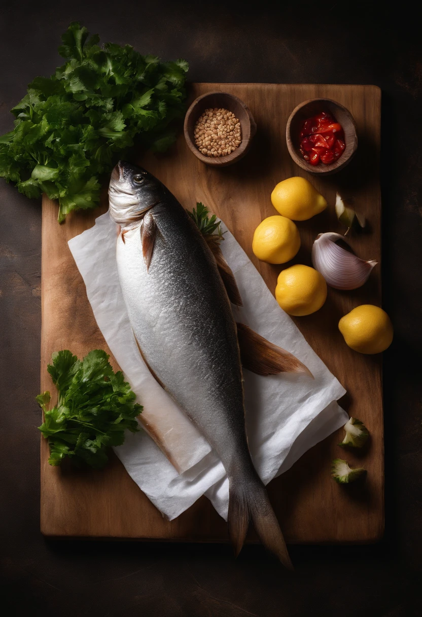 Raw fish wrapped in a kitchen board with white paper towels，True 4K HD 1；1 Horizontal version