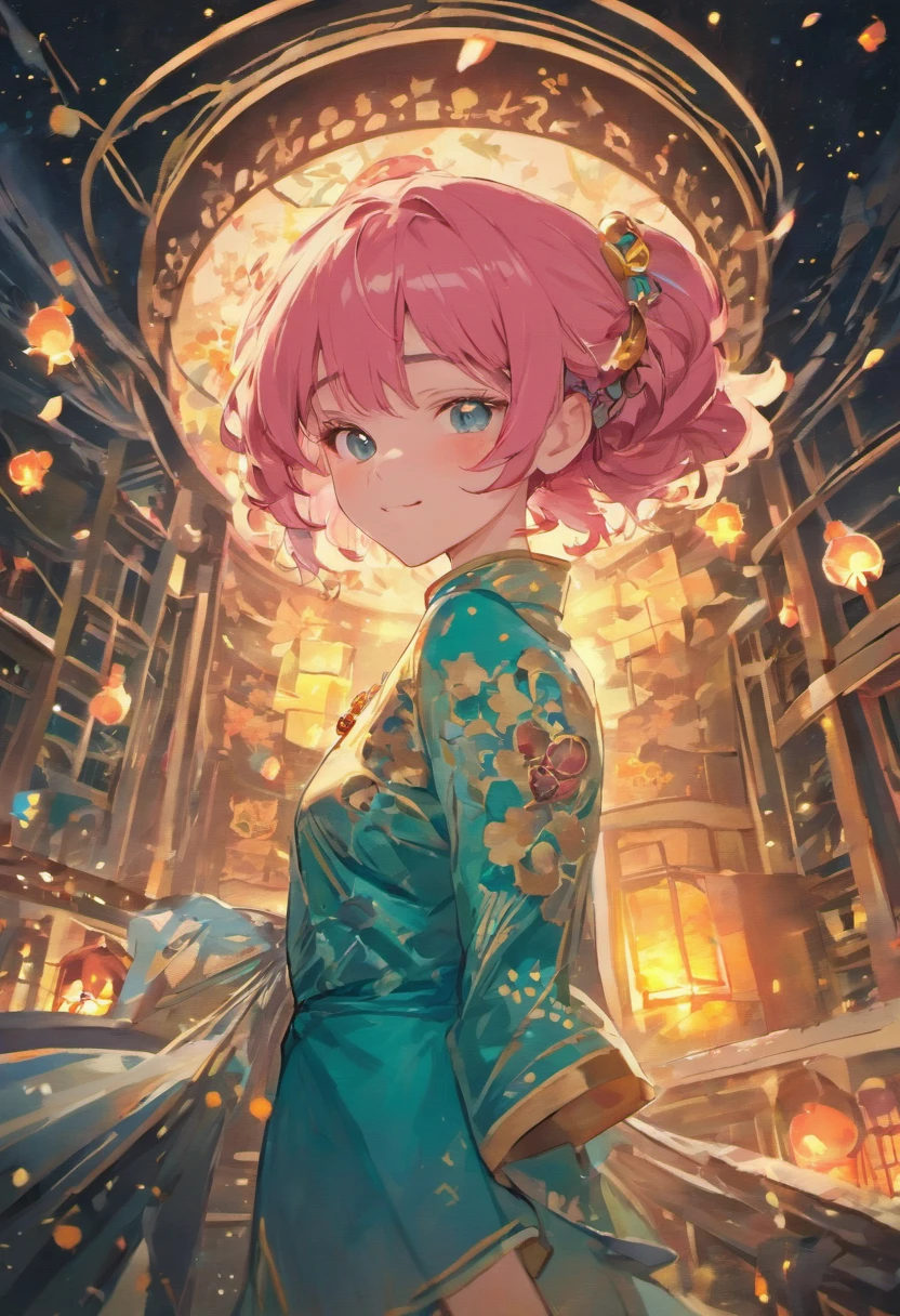 (best quality,8k resolution,masterpiece:1.2),a woman with pink hair wearing a turquoise cheongsam, holding a traditional red lantern, smiling, surrounded by fireflies, with a starry sky and full moon as the background, sharp lines, enhanced details, detailed facial features.