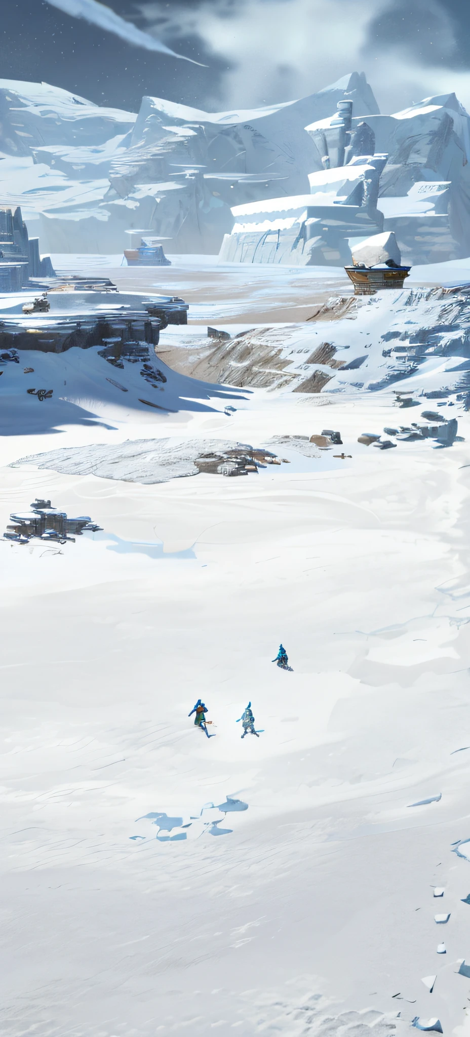 Snow-capped landscape，There are boats and buildings in the distance, planet hoth, Battle of Hoth, Snowy plains, inspired by jessica rossier, icey tundra background, by jessica rossier, jessica rossier fantasy art, jessica rossier color scheme, walking across ice planet, snow wasteland, Ralph McQuarie. centered image